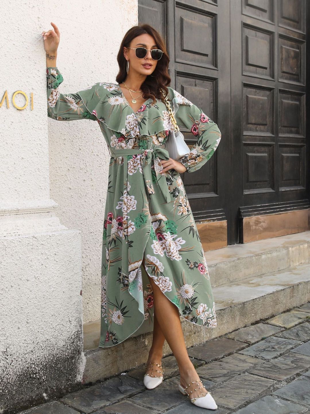 Floral Ruffle Collar Lantern Sleeves Dress