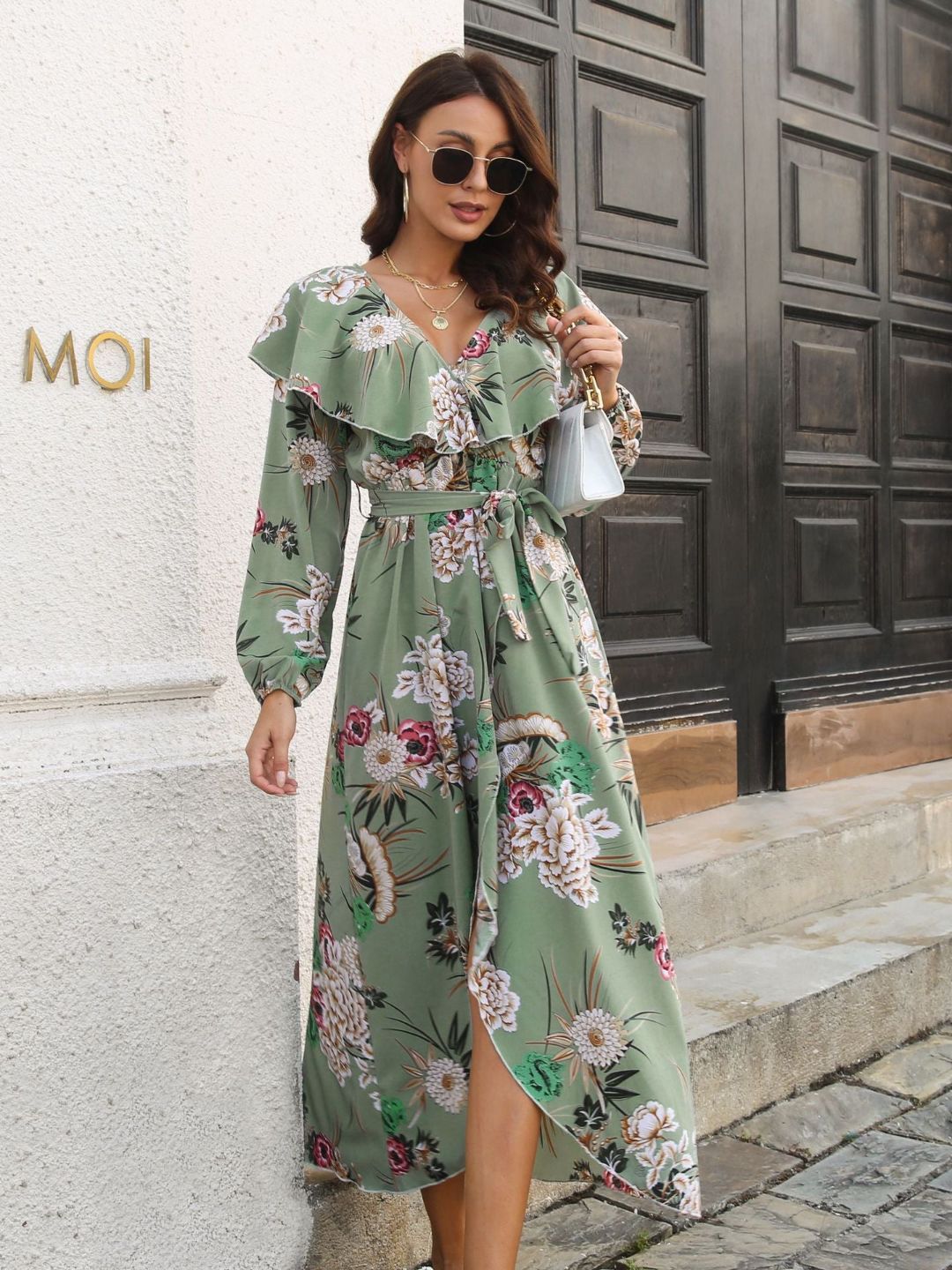 Floral Ruffle Collar Lantern Sleeves Dress