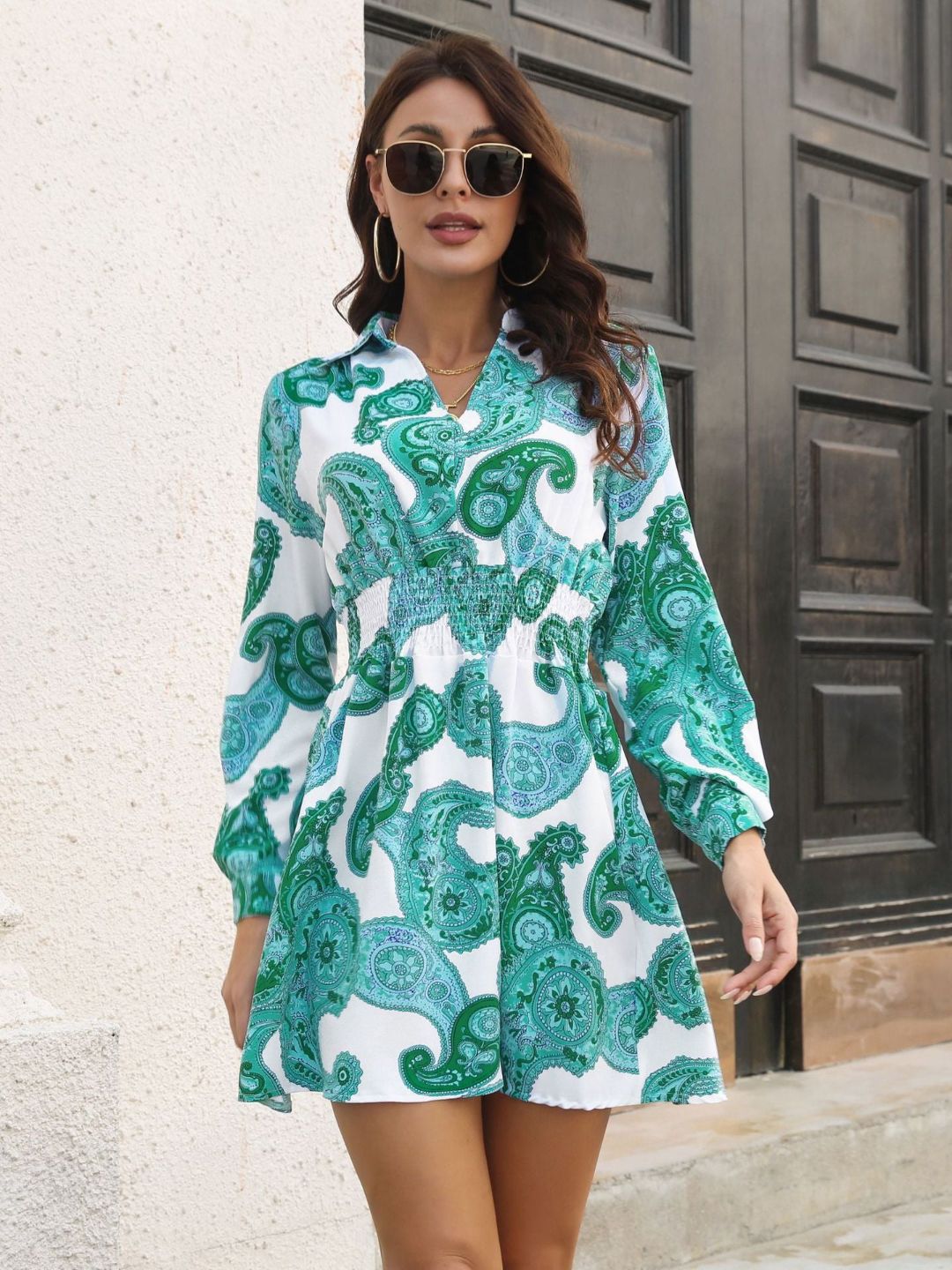 Retro Paisley Pattern Temperament Shirt Collar Dress