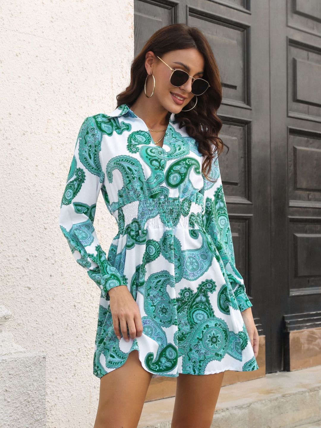 Retro Paisley Pattern Temperament Shirt Collar Dress