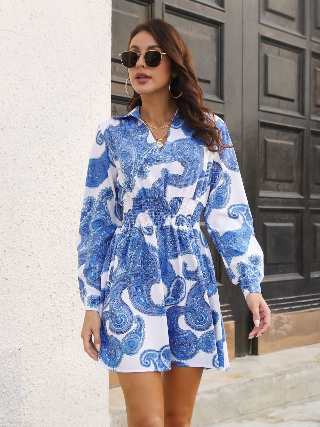 Retro Paisley Pattern Temperament Shirt Collar Dress