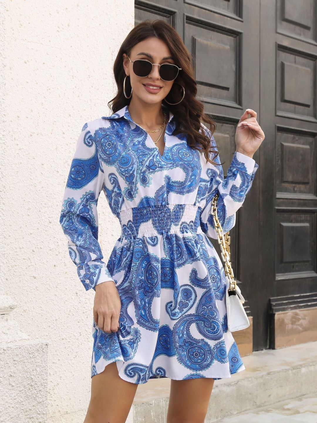 Retro Paisley Pattern Temperament Shirt Collar Dress