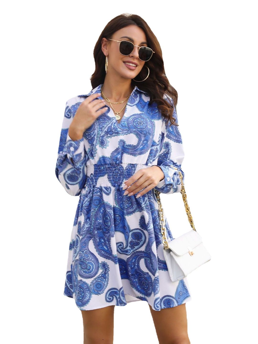 Retro Paisley Pattern Temperament Shirt Collar Dress