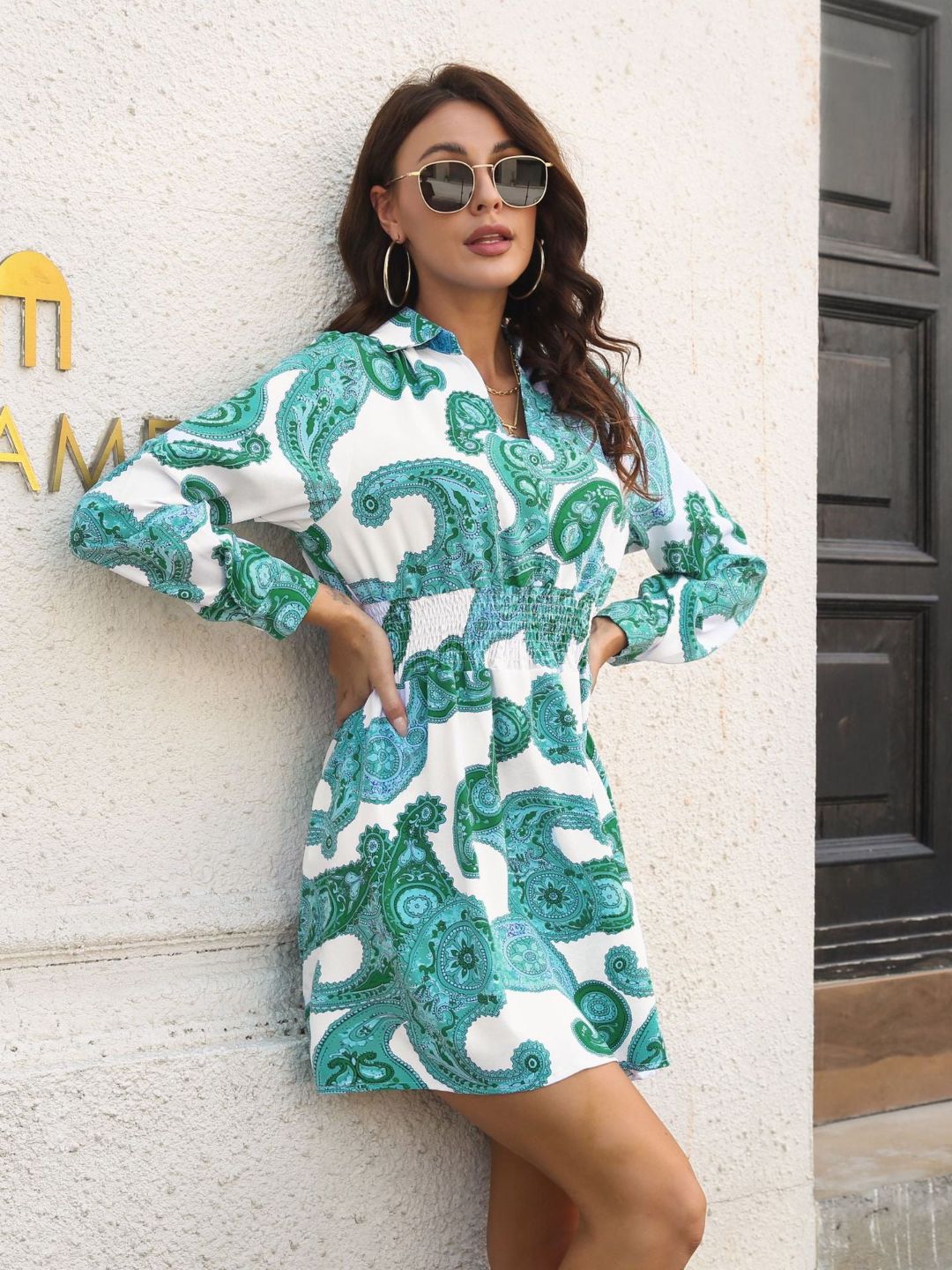 Retro Paisley Pattern Temperament Shirt Collar Dress