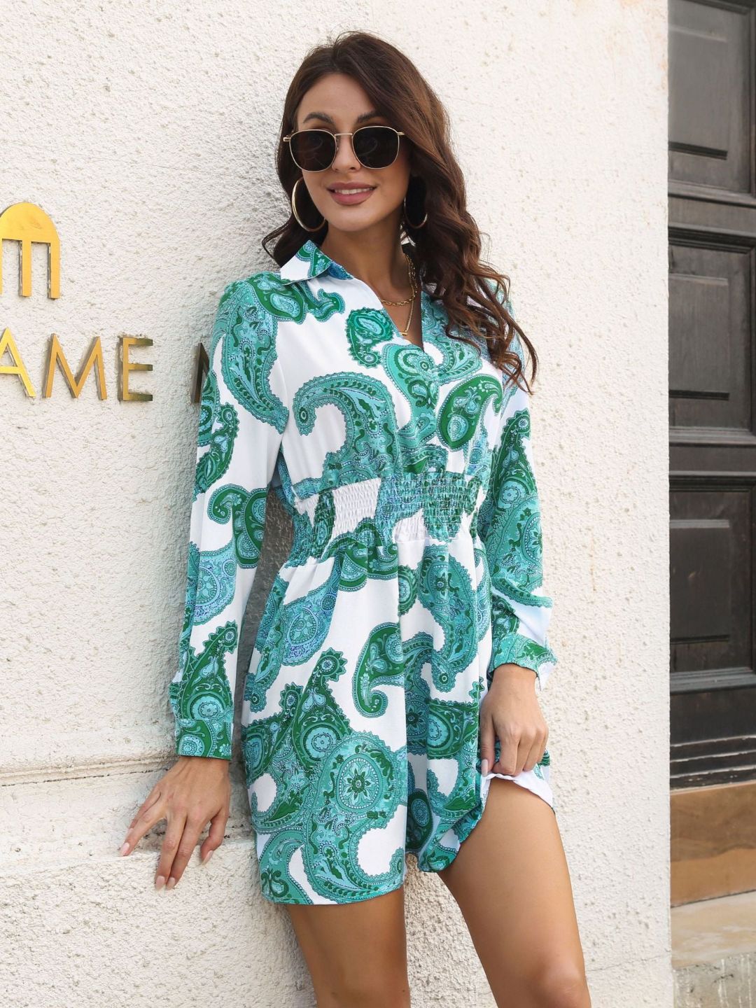 Retro Paisley Pattern Temperament Shirt Collar Dress