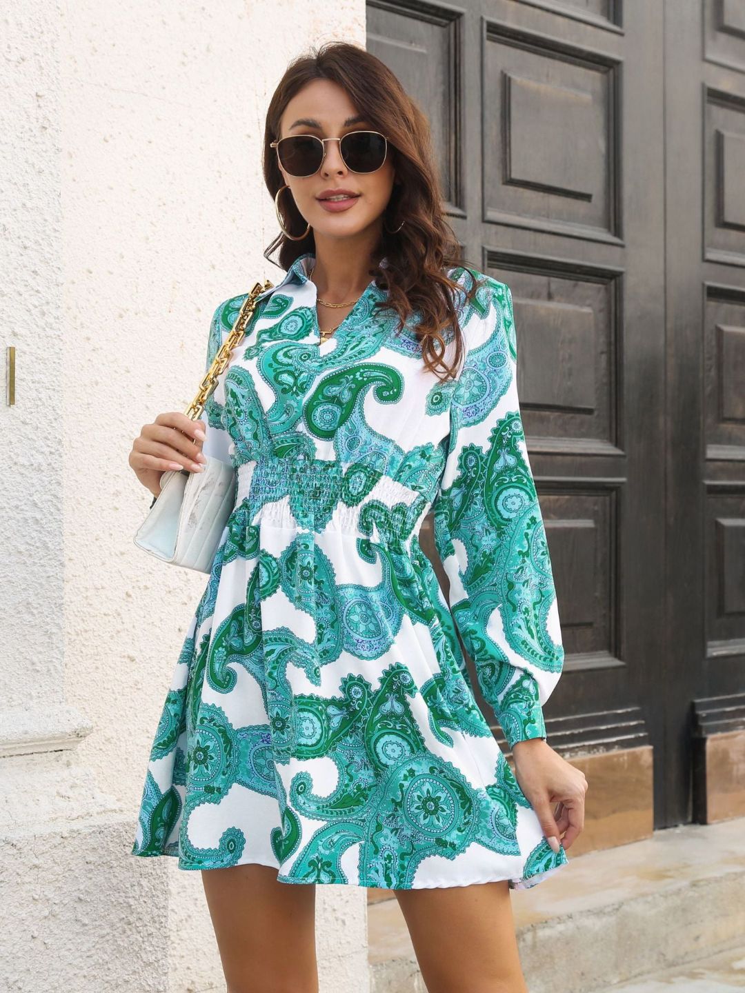 Retro Paisley Pattern Temperament Shirt Collar Dress