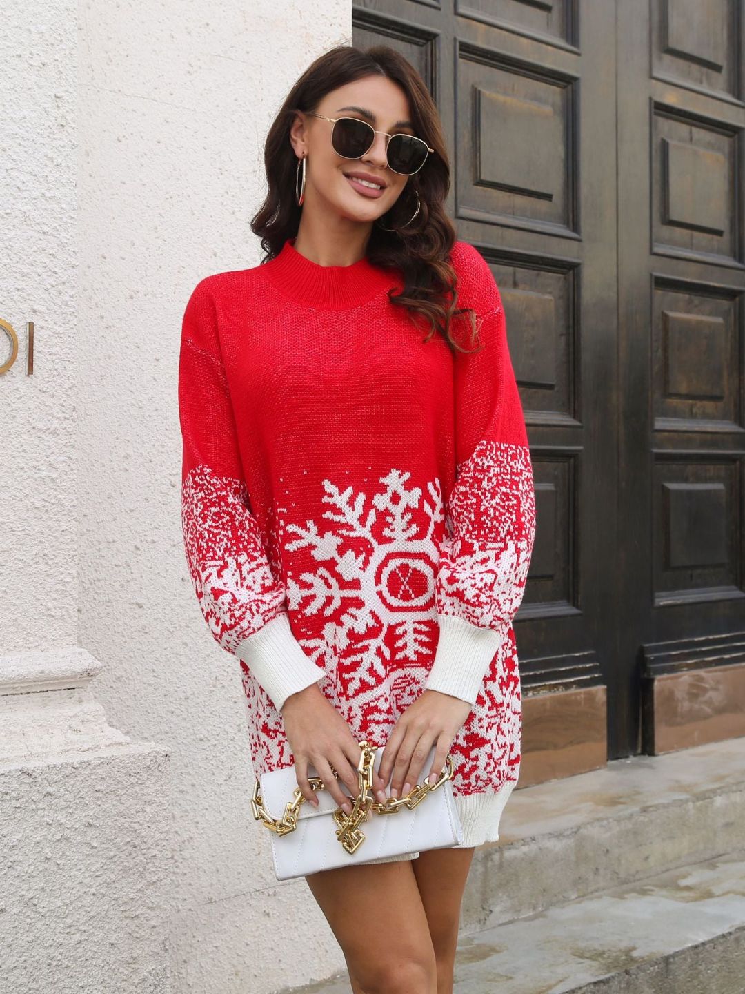 Snowflake Jacquard Lantern Sleeves Loose Knitted Dress