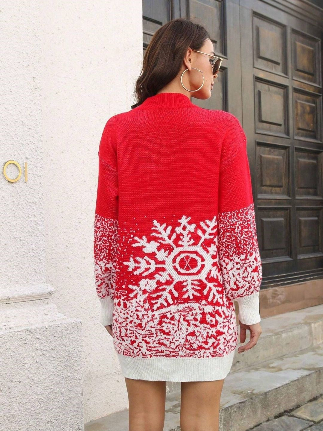 Snowflake Jacquard Lantern Sleeves Loose Knitted Dress