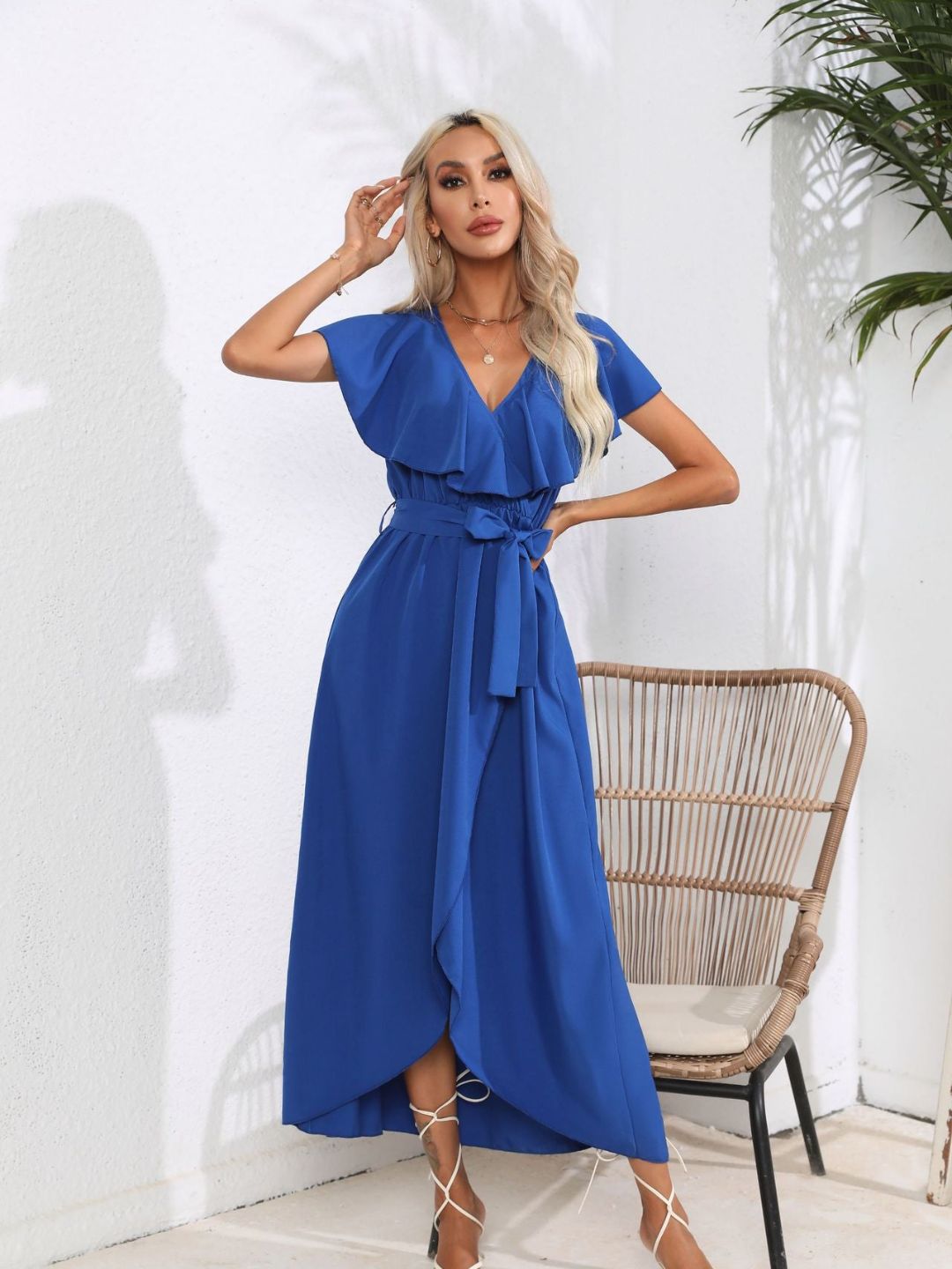V-Neck Flasleeves Wrapped Dress