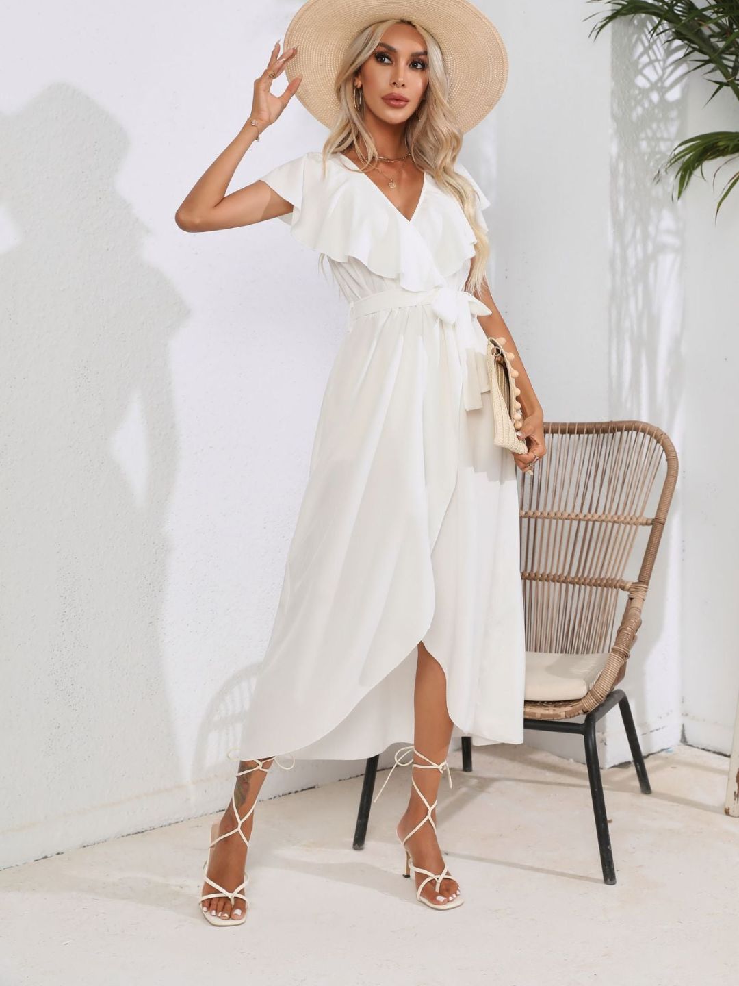 V-Neck Flasleeves Wrapped Dress