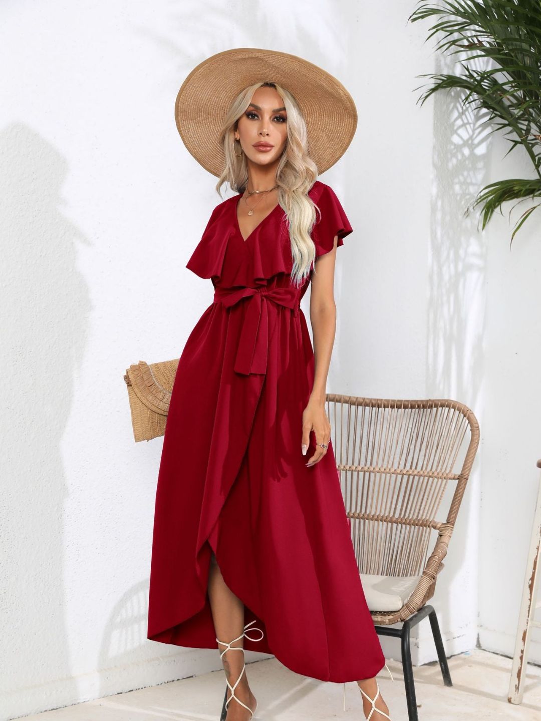 V-Neck Flasleeves Wrapped Dress