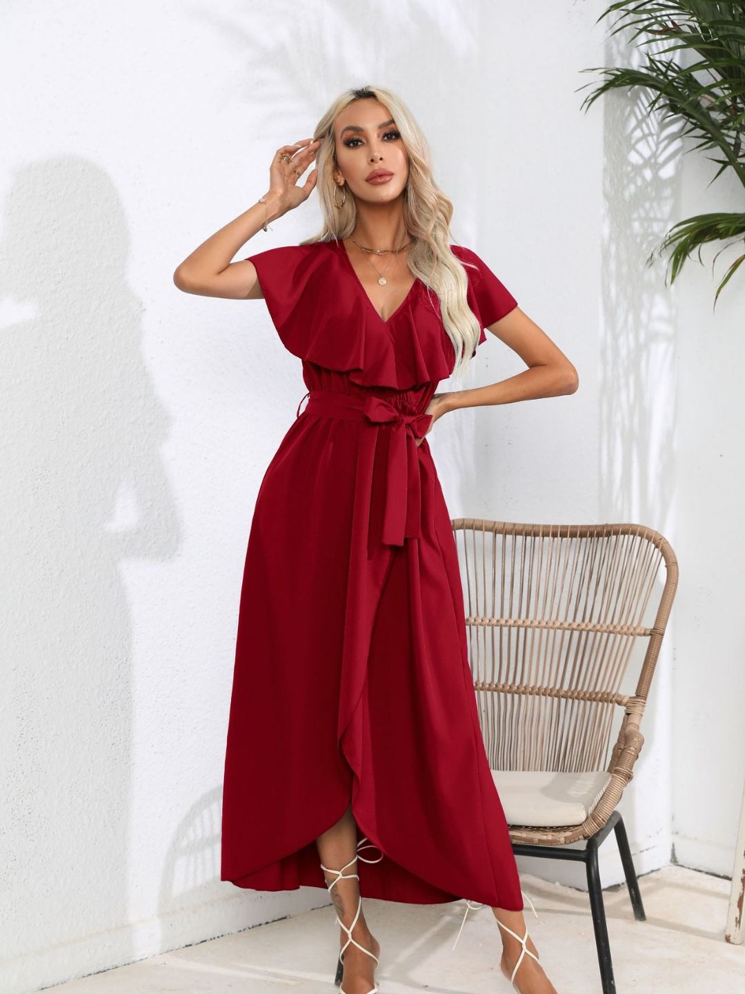 V-Neck Flasleeves Wrapped Dress