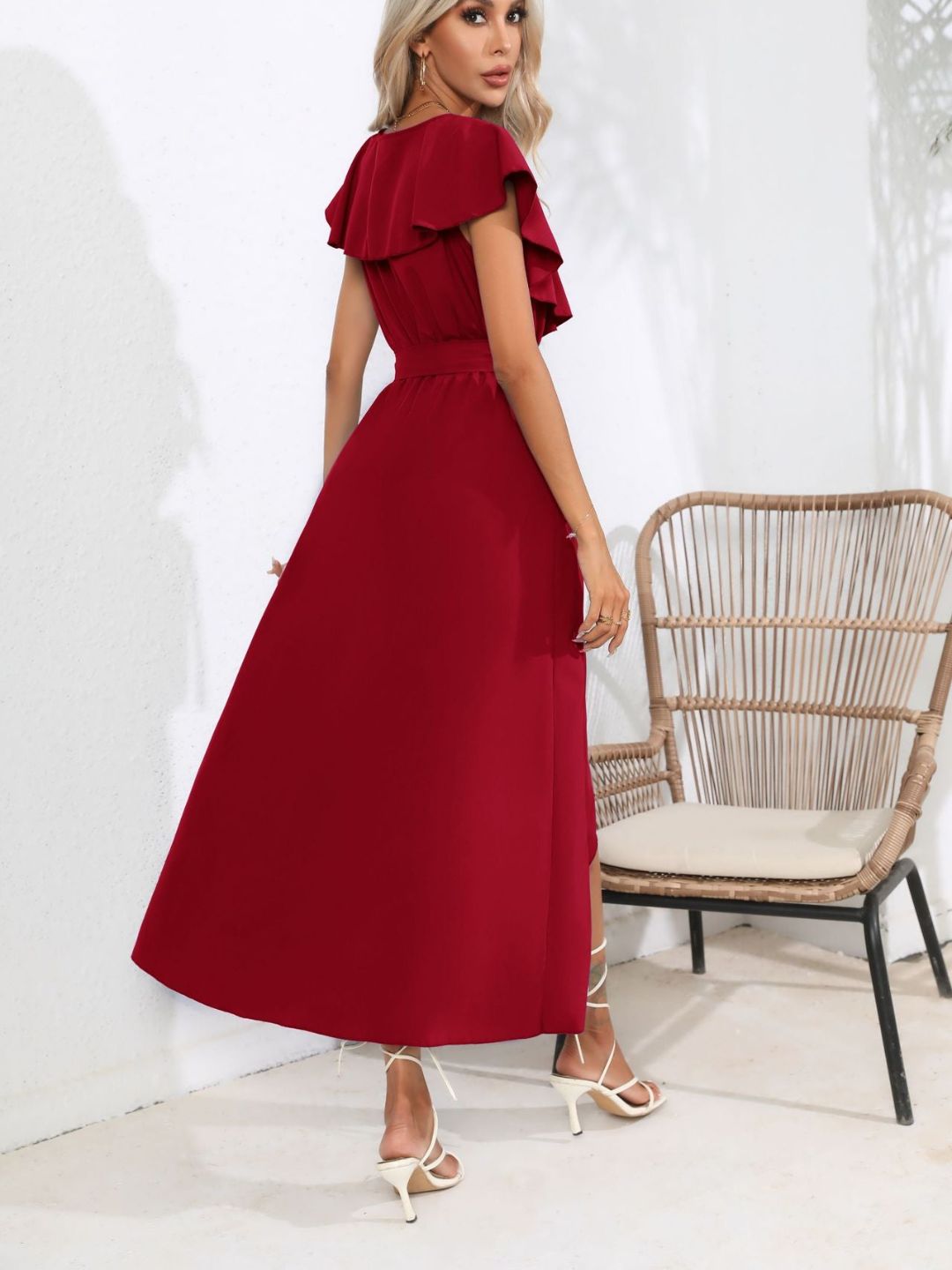 V-Neck Flasleeves Wrapped Dress