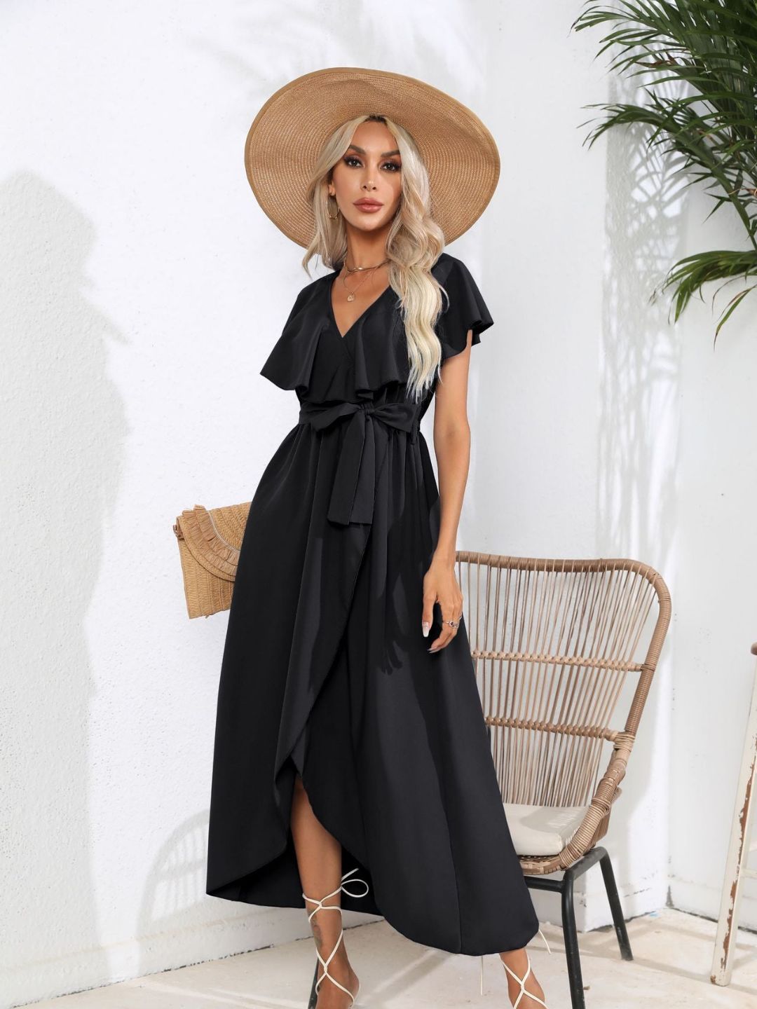 V-Neck Flasleeves Wrapped Dress