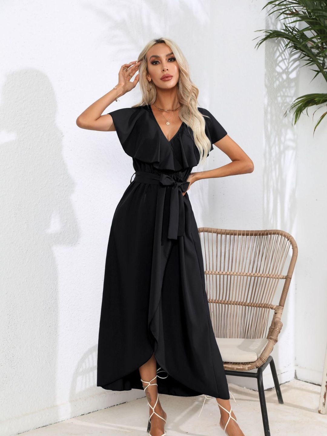 V-Neck Flasleeves Wrapped Dress