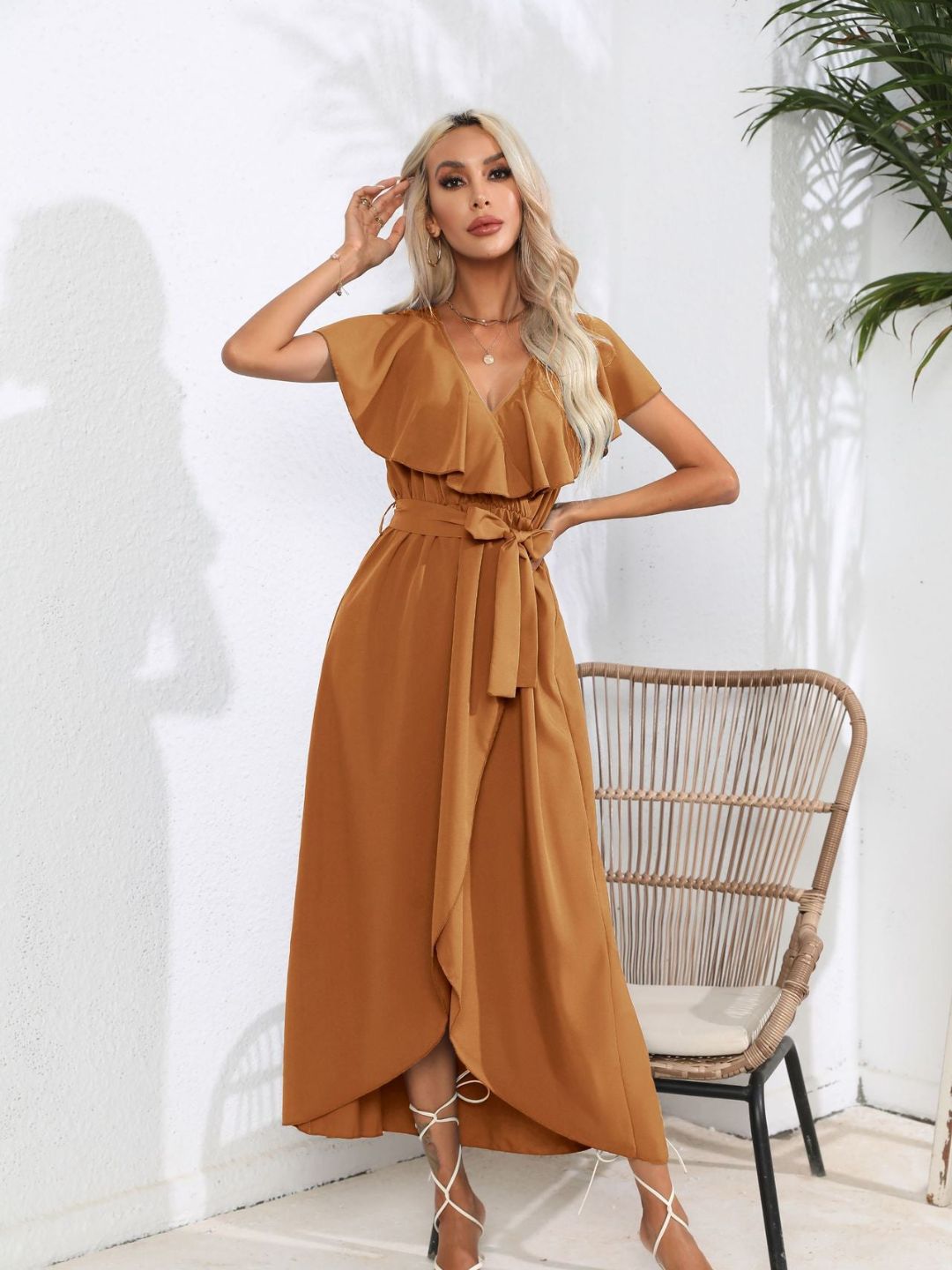 V-Neck Flasleeves Wrapped Dress