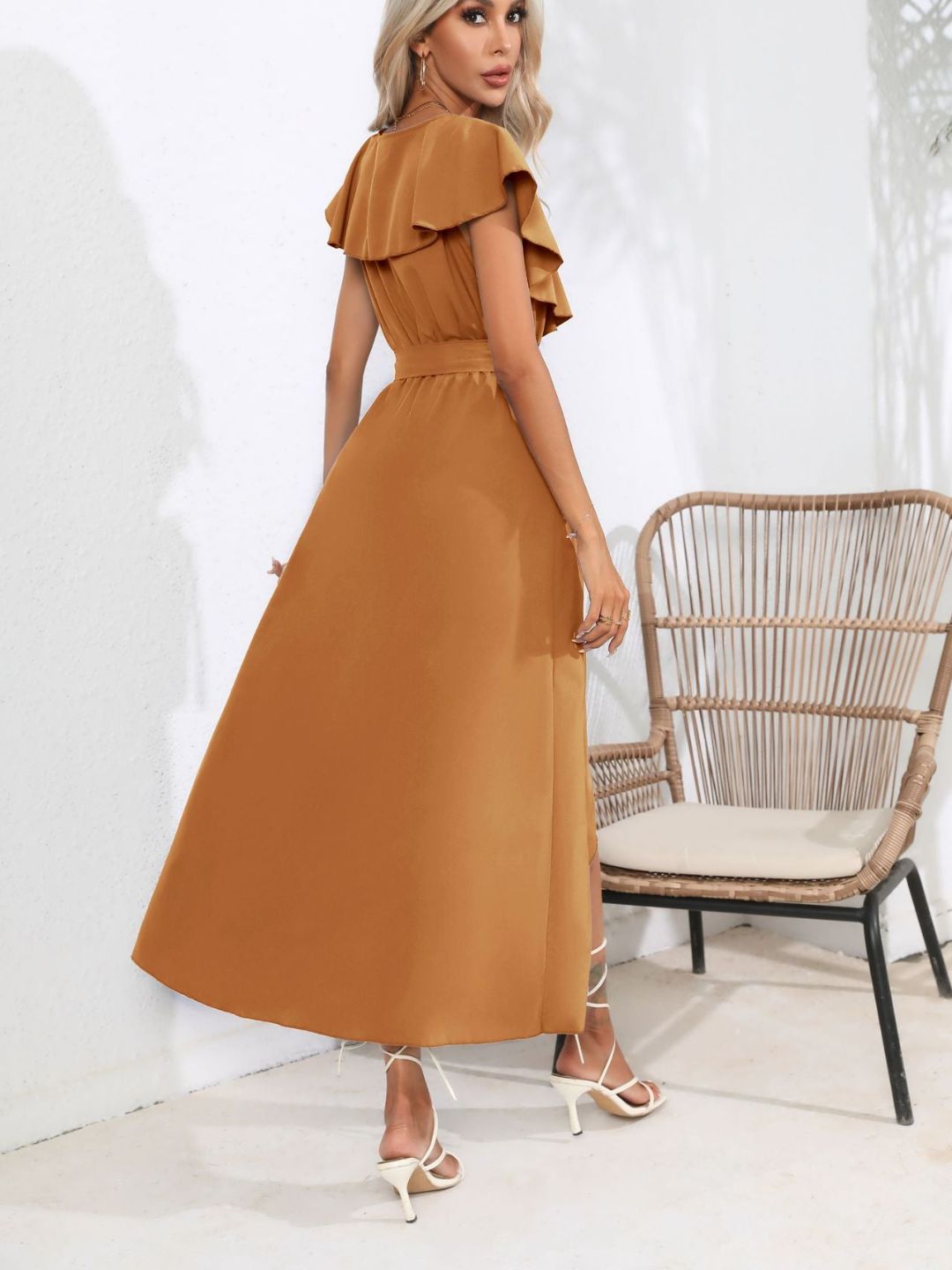 V-Neck Flasleeves Wrapped Dress