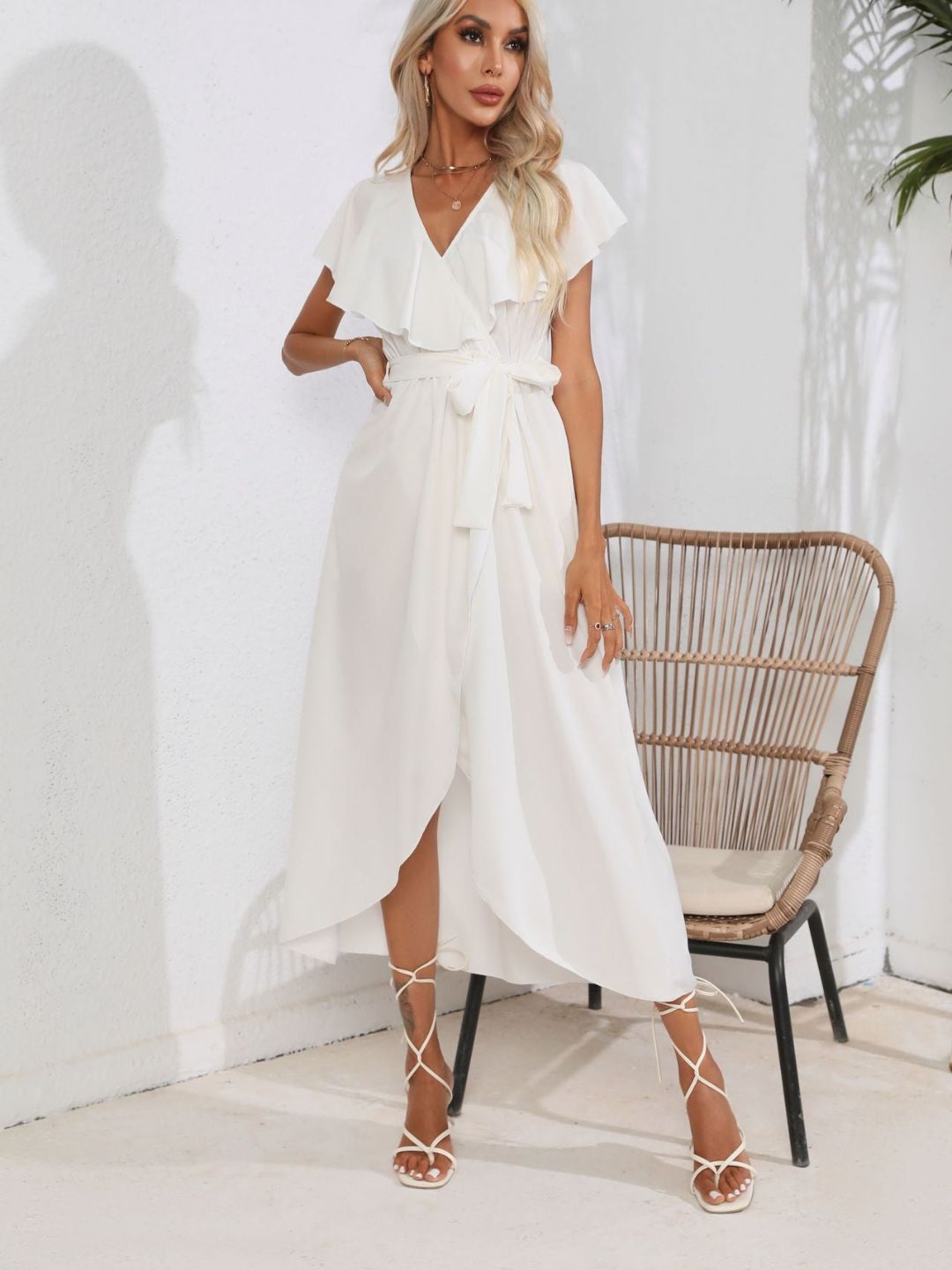 V-Neck Flasleeves Wrapped Dress