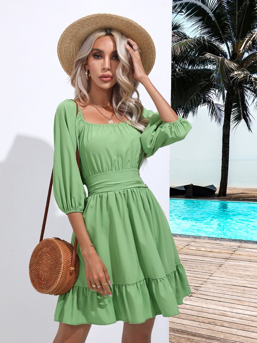 Square Neck Strappy Short Dress