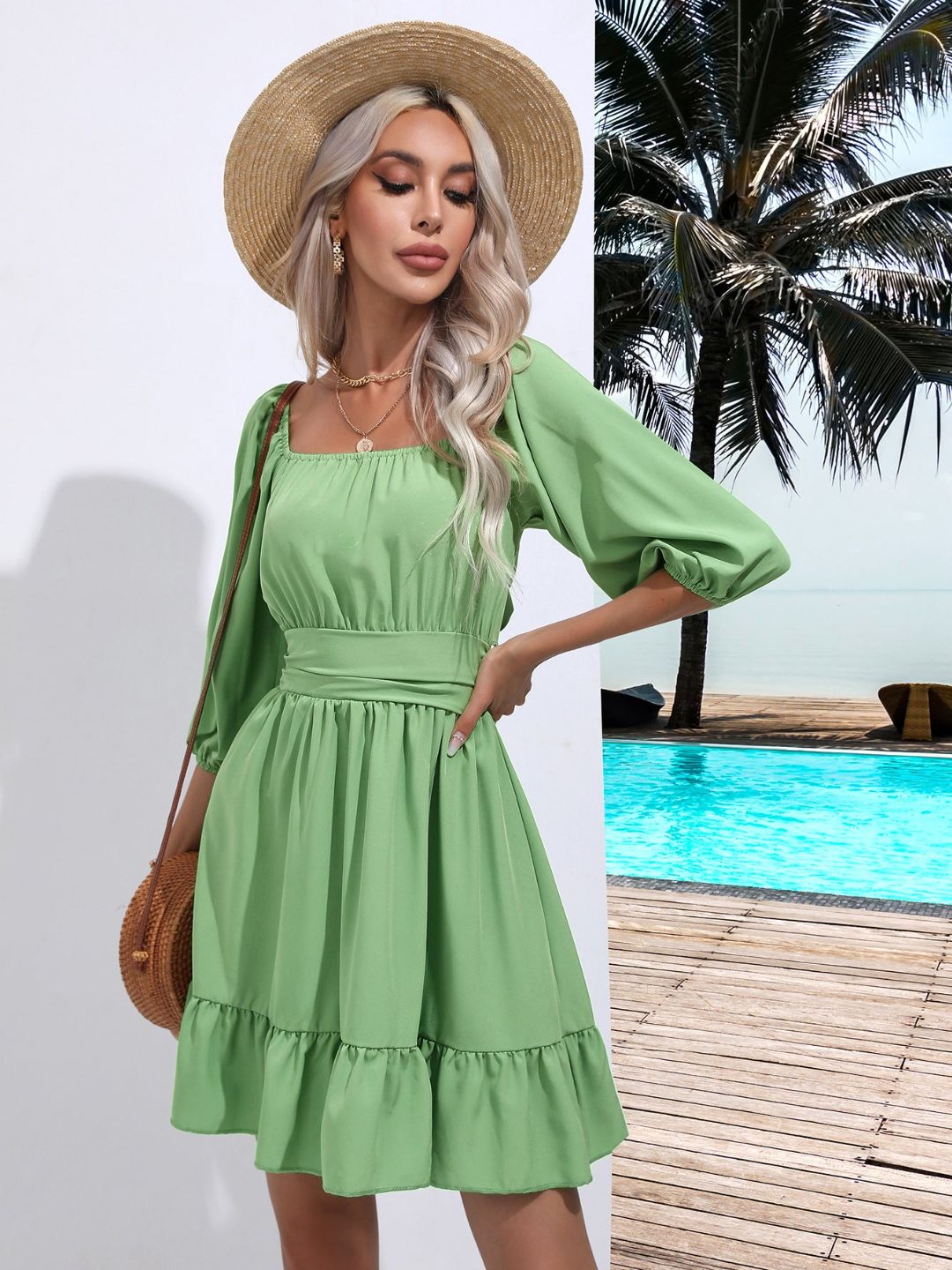 Square Neck Strappy Short Dress