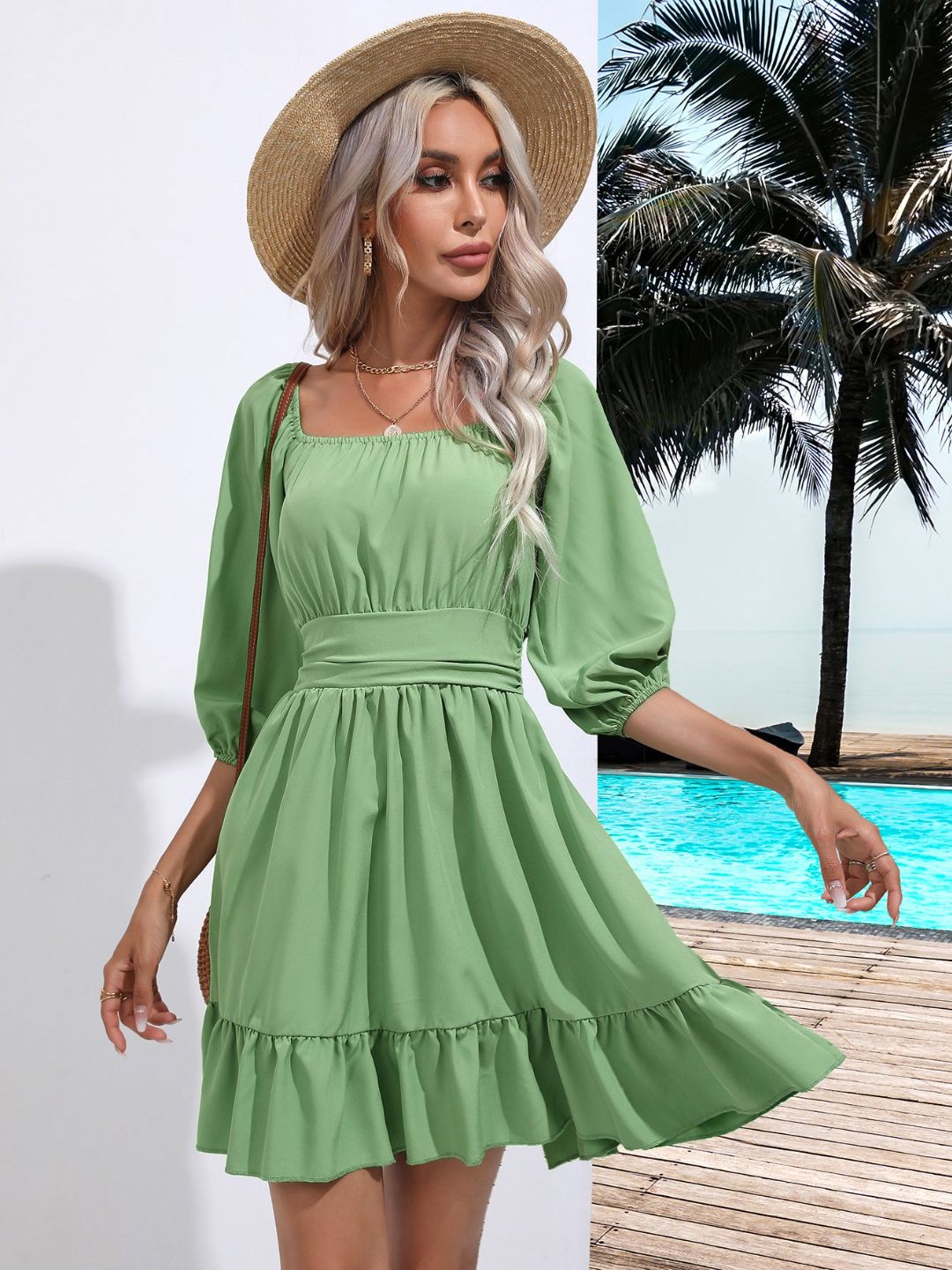 Square Neck Strappy Short Dress