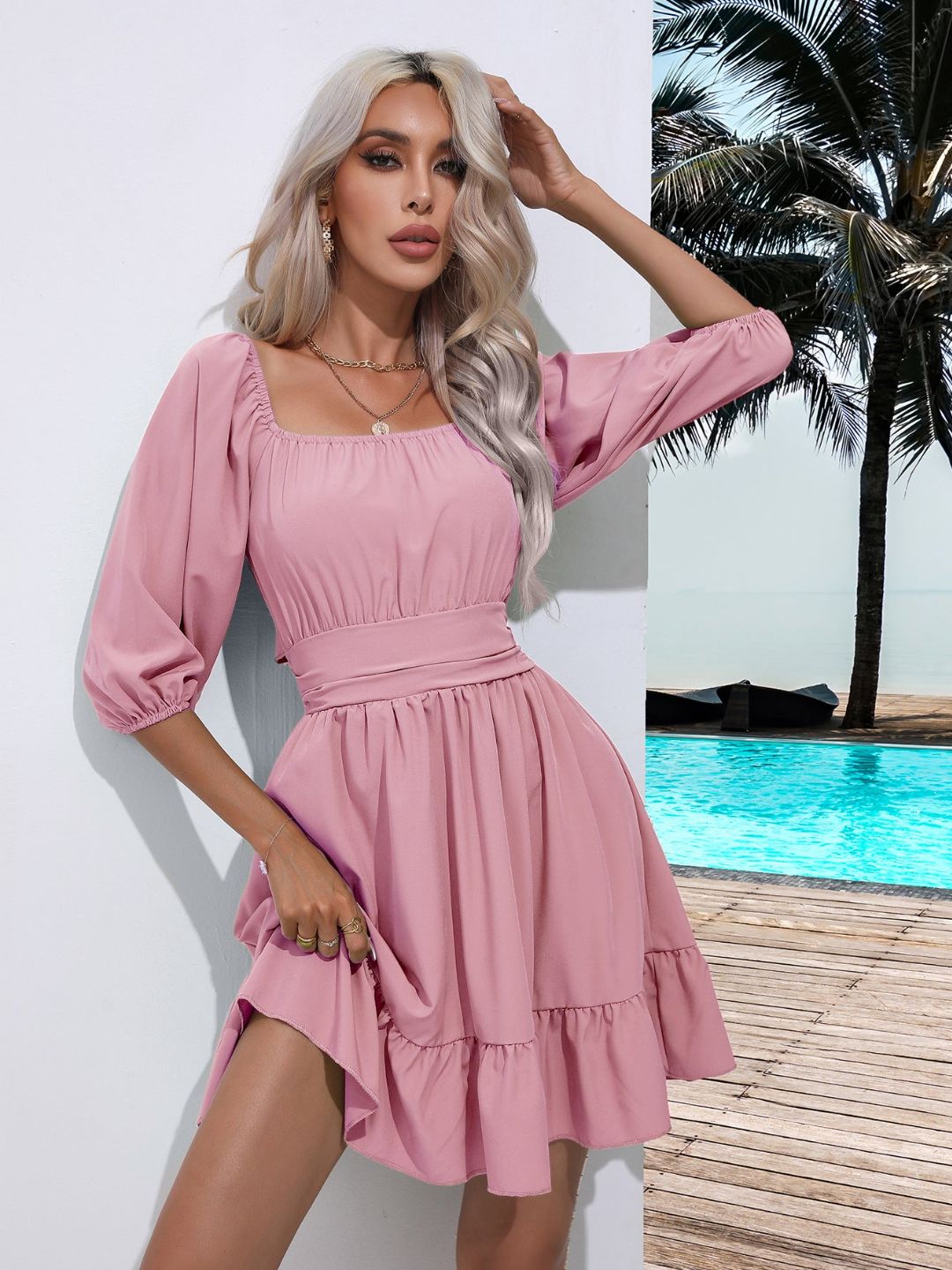 Square Neck Strappy Short Dress