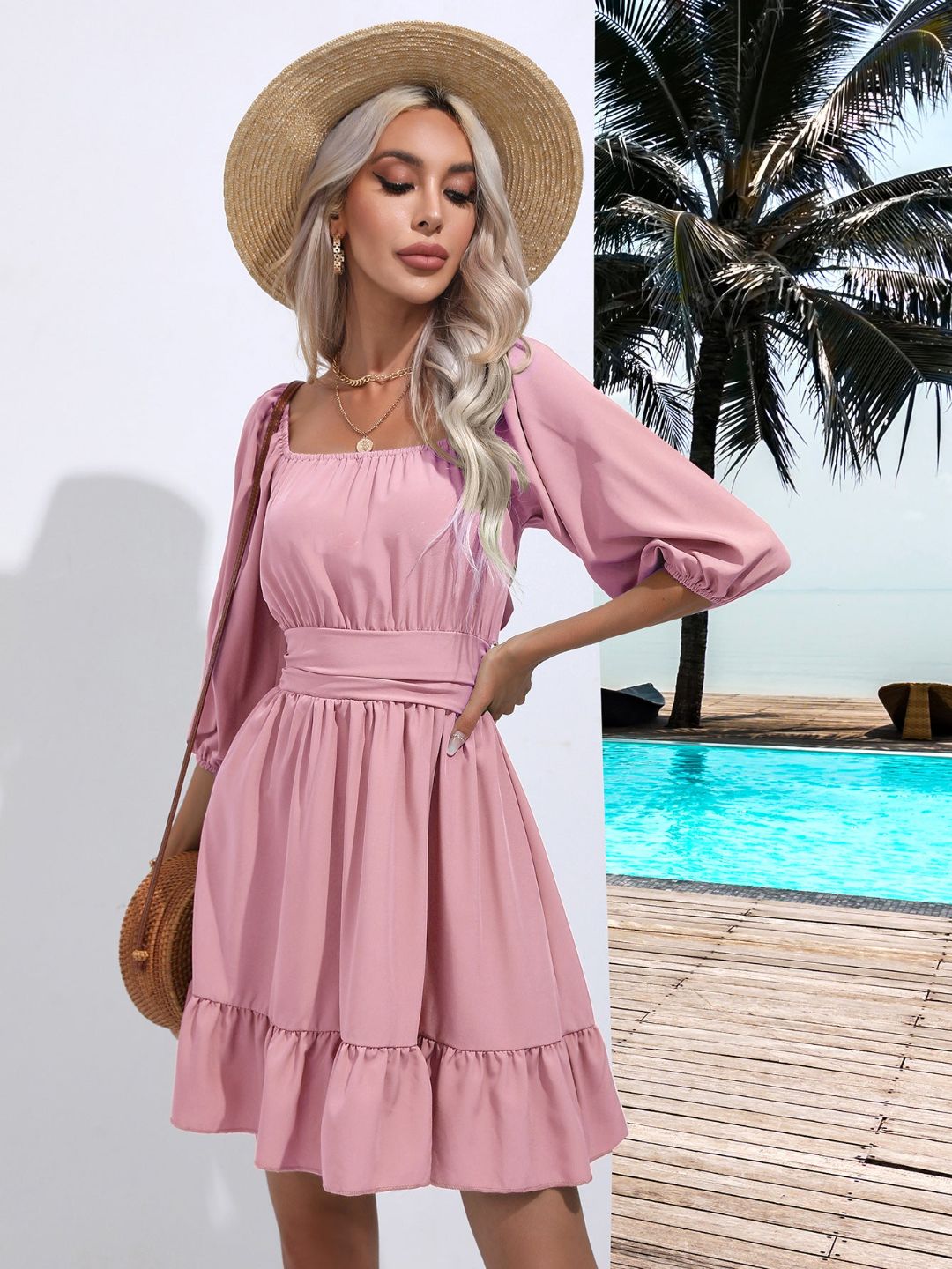 Square Neck Strappy Short Dress