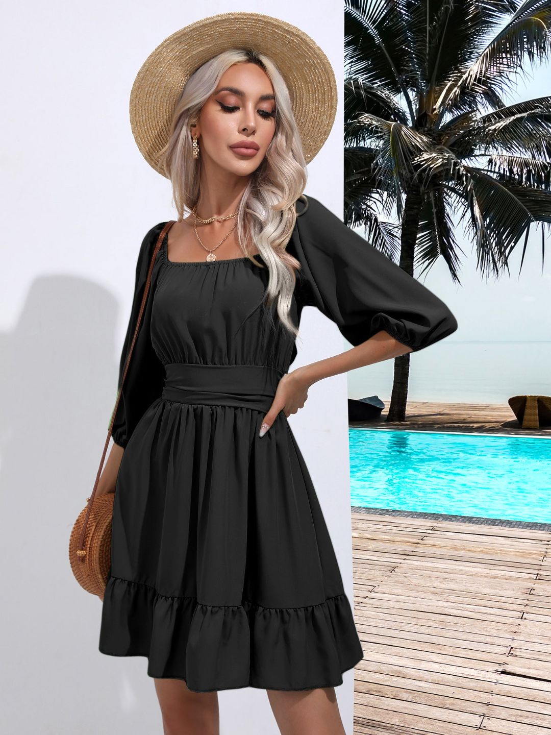 Square Neck Strappy Short Dress