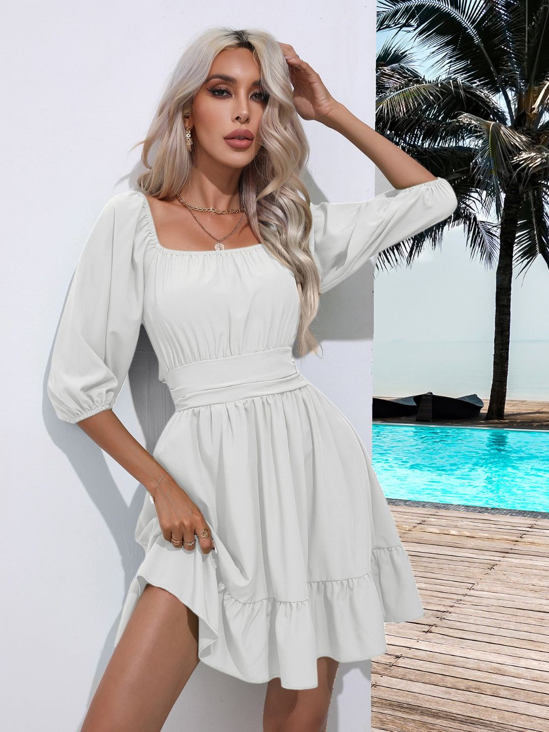 Square Neck Strappy Short Dress