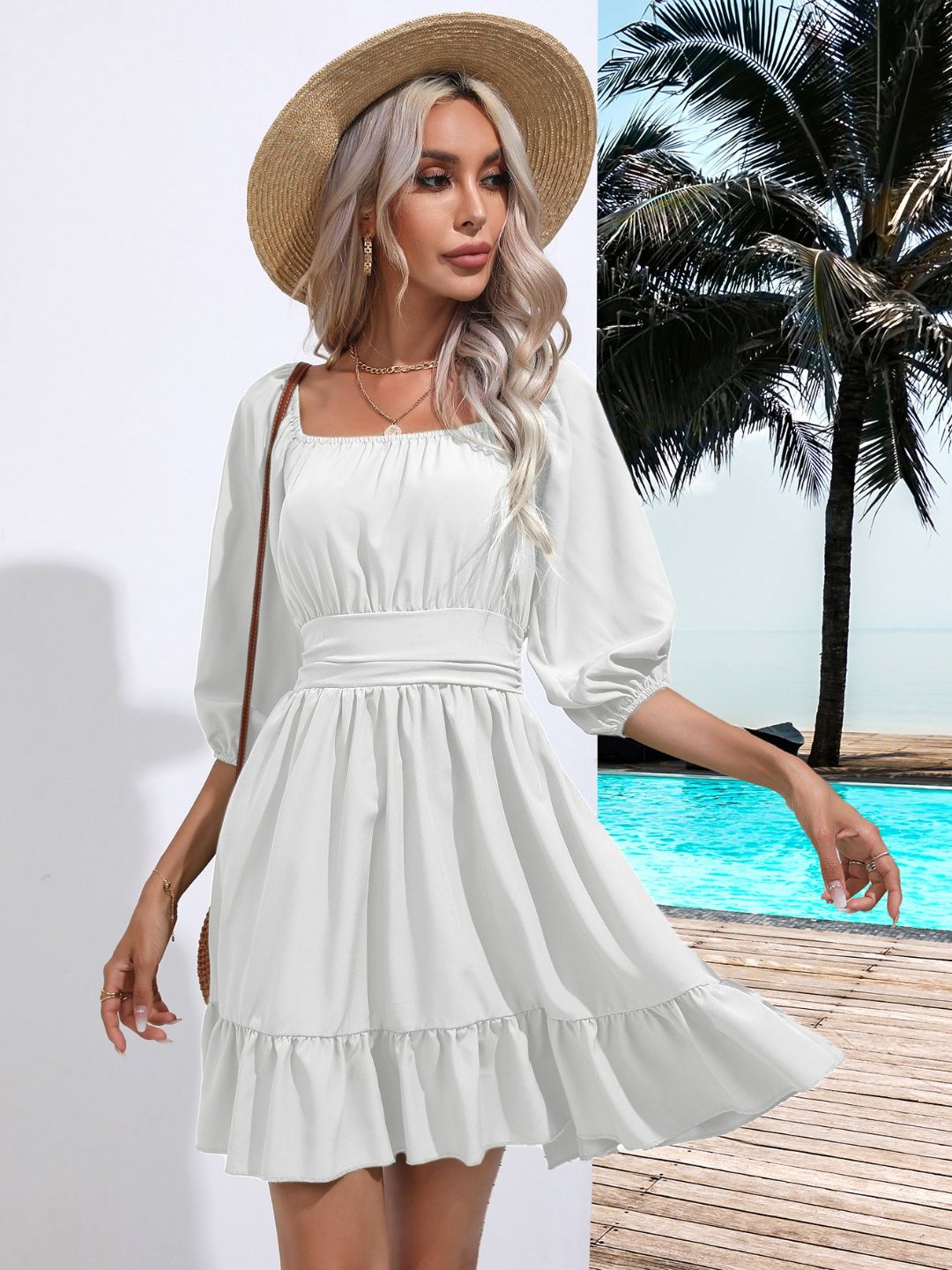 Square Neck Strappy Short Dress