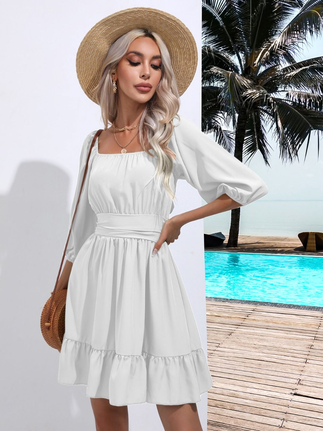 Square Neck Strappy Short Dress