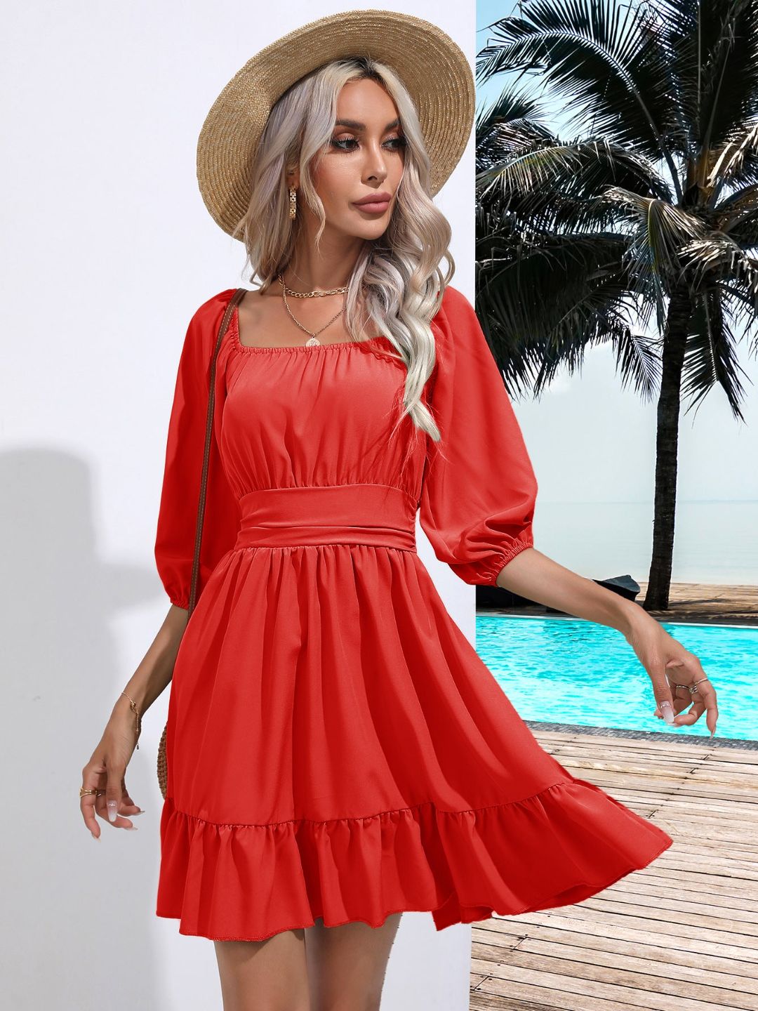 Square Neck Strappy Short Dress
