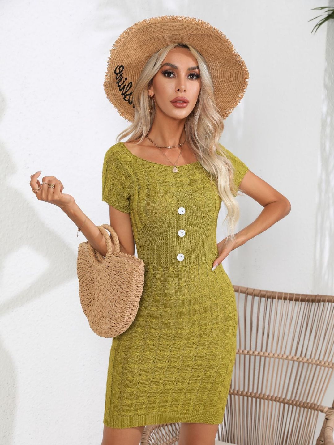 Button Twisted Short Sleeved Sweater Dress