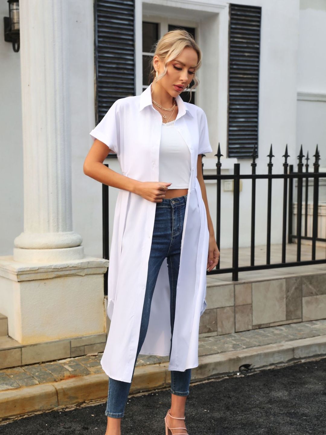 Womens Short Sleeves Belt Shirt Dress