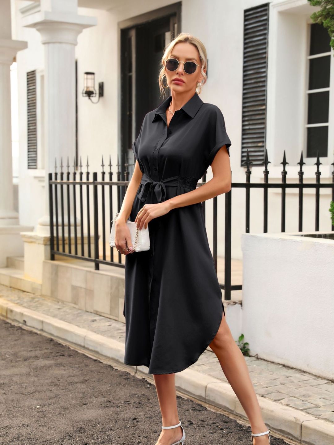 Womens Short Sleeves Belt Shirt Dress