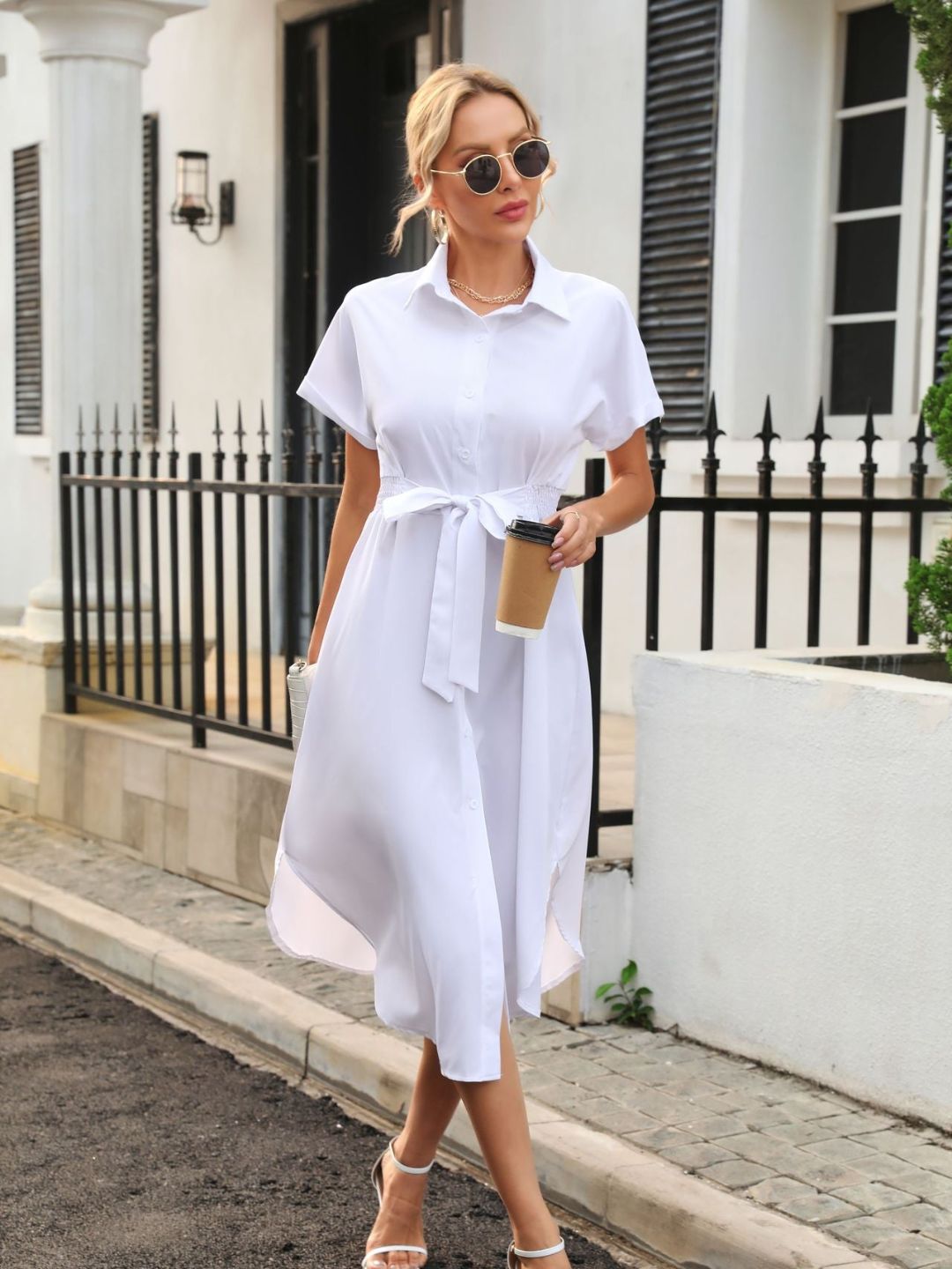 Womens Short Sleeves Belt Shirt Dress