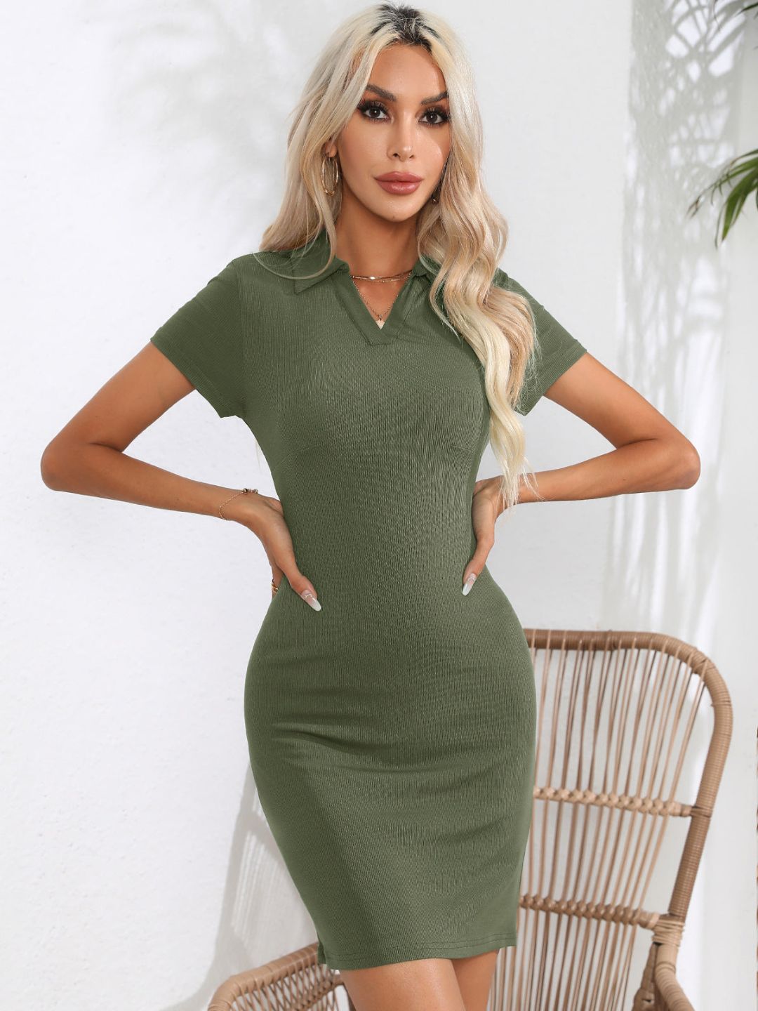 Womens Pit Lapel Wrap Solid Color Hip Dress