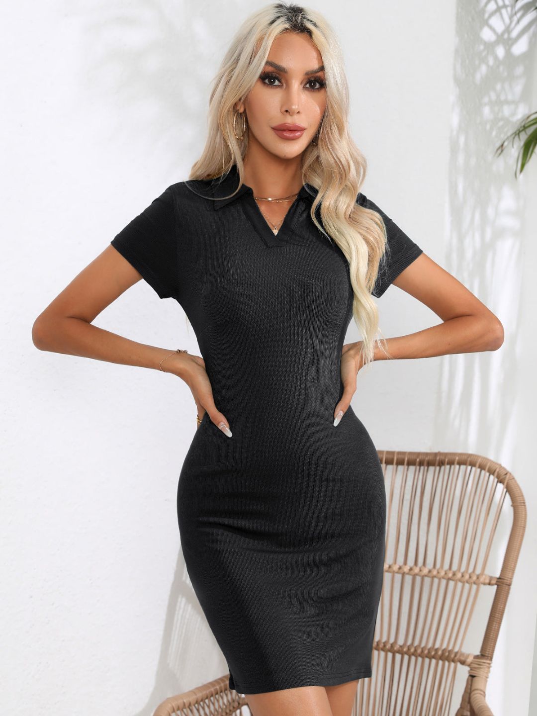 Womens Pit Lapel Wrap Solid Color Hip Dress
