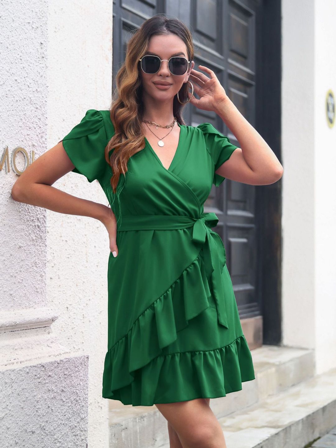 Womens Ruffled Hem Crossover V-Neck Dress