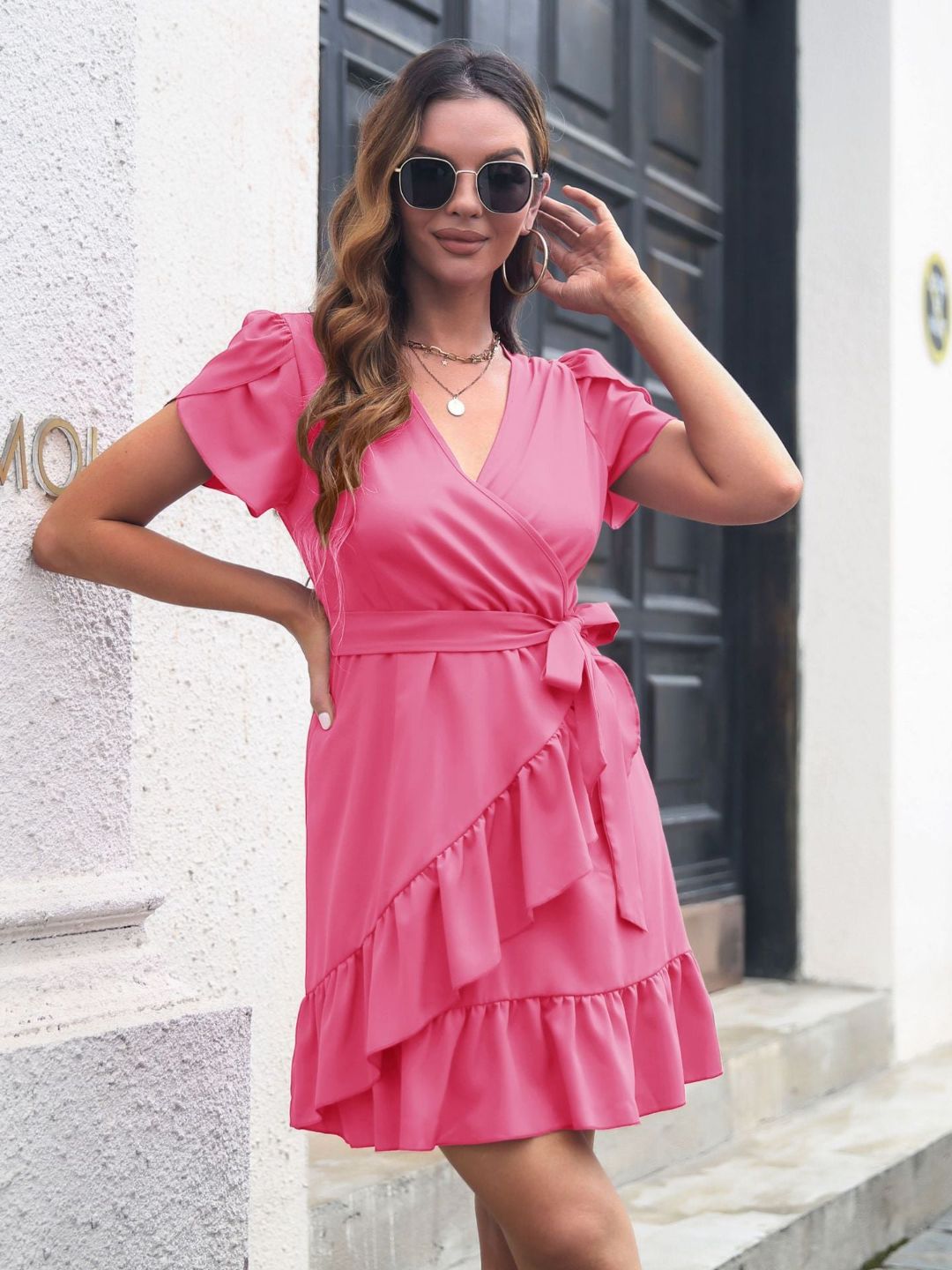 Womens Ruffled Hem Crossover V-Neck Dress