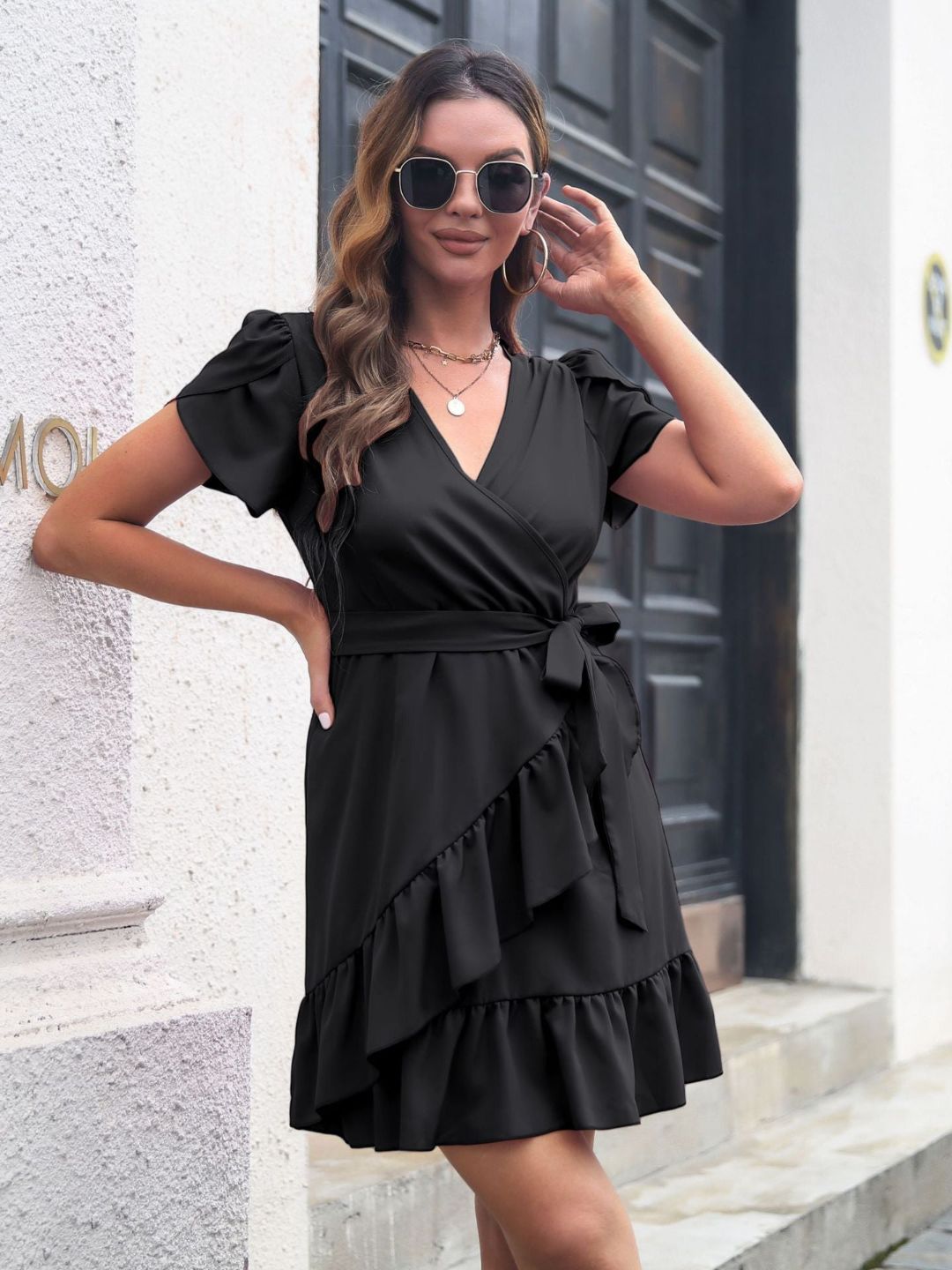 Womens Ruffled Hem Crossover V-Neck Dress