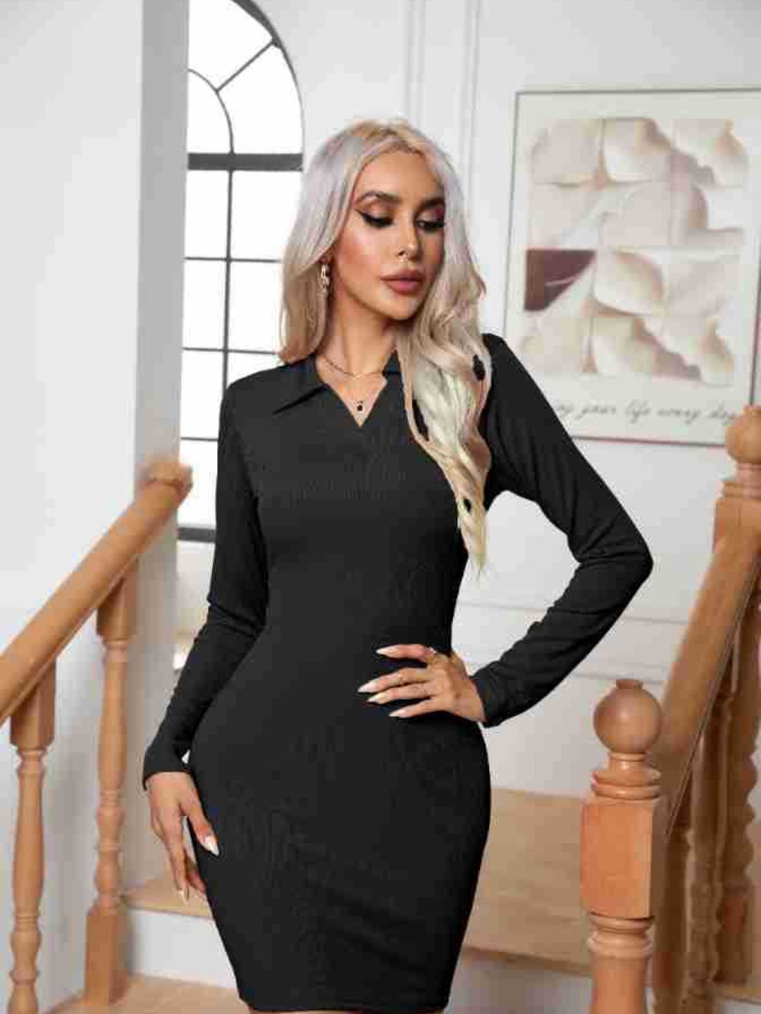 Striped Lapel Long Sleeves Mini Dress
