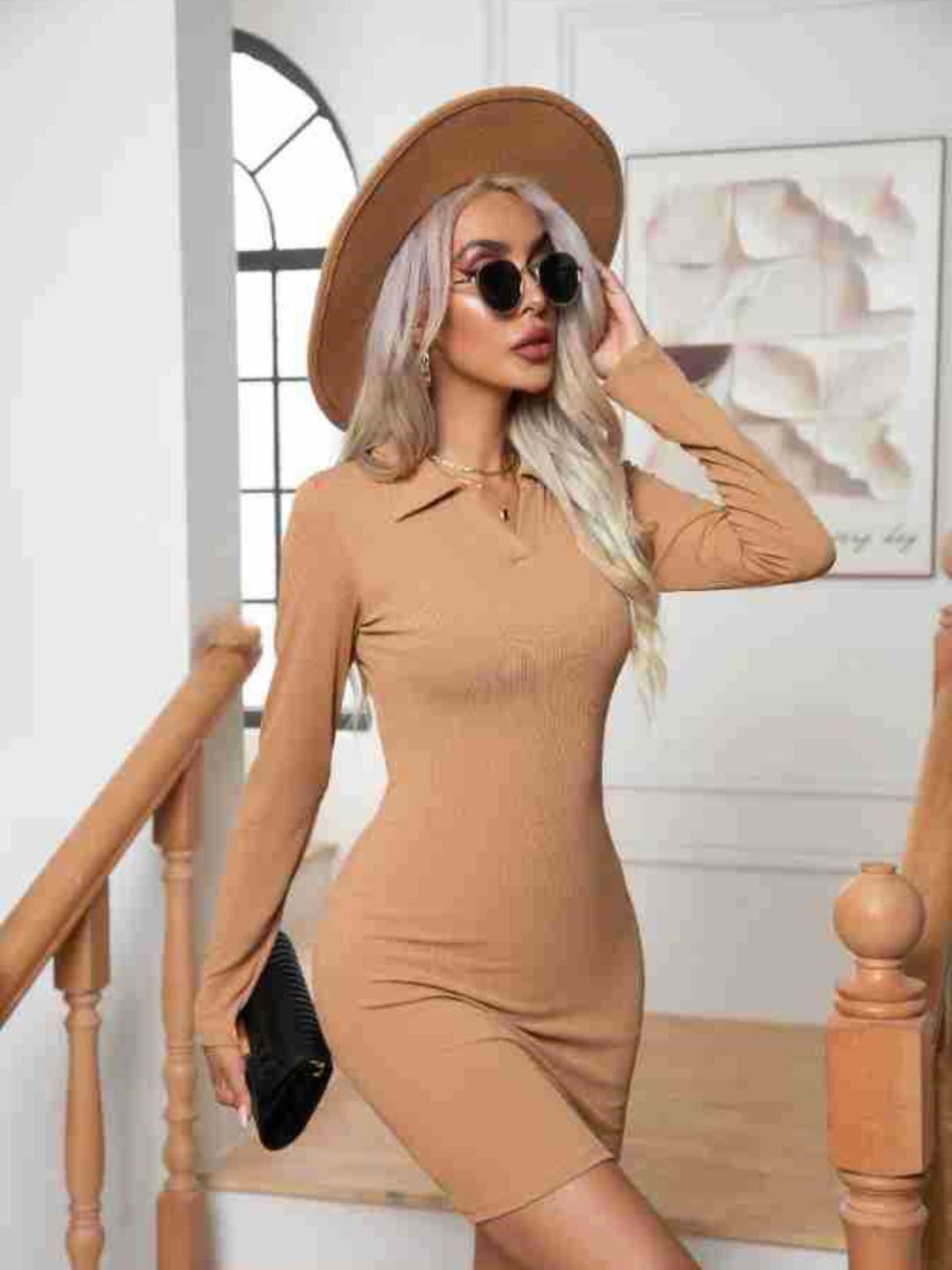 Striped Lapel Long Sleeves Mini Dress