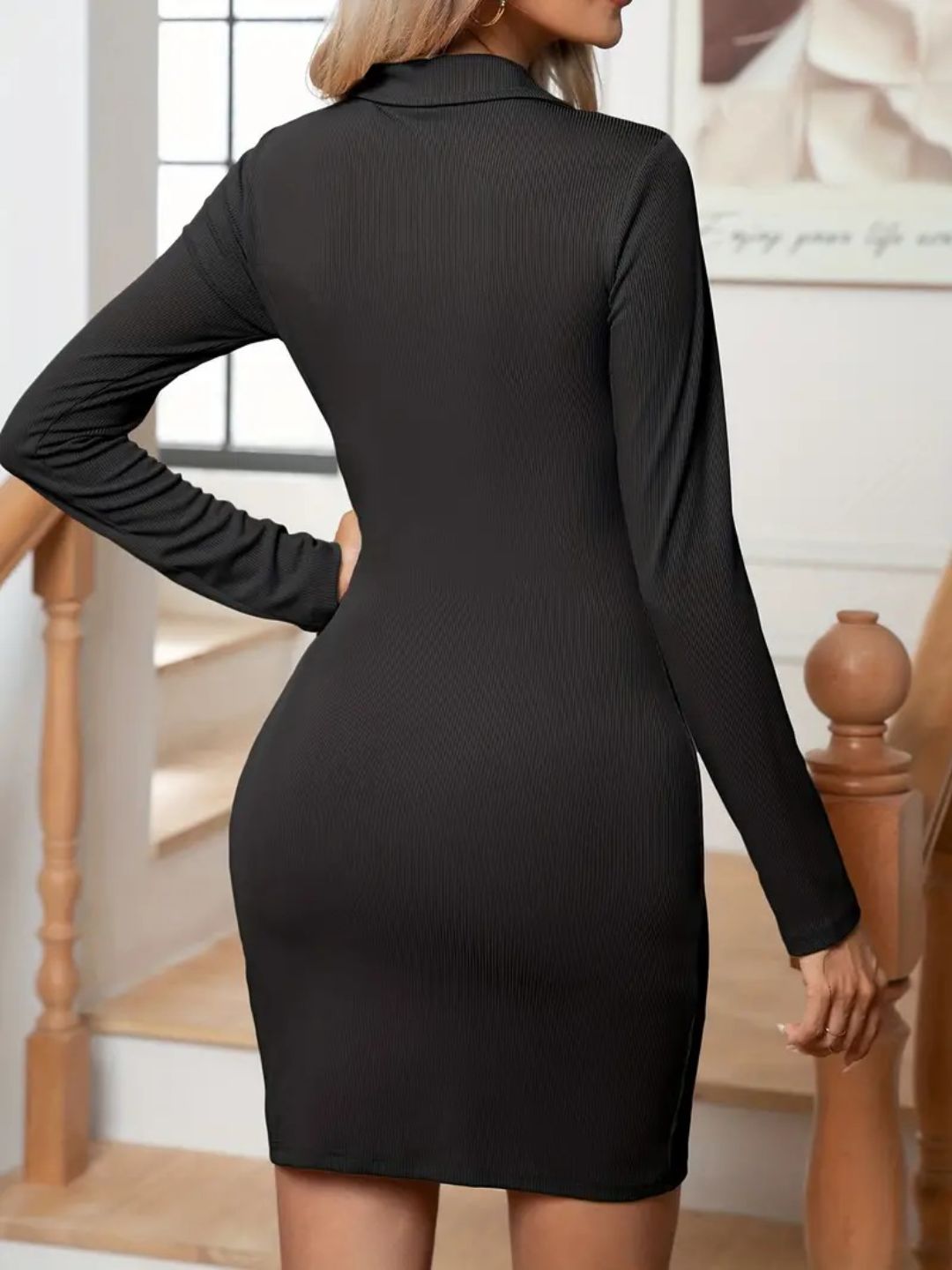 Striped Lapel Long Sleeves Mini Dress