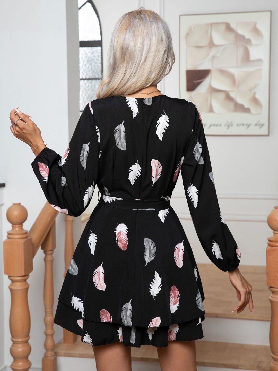 Feather Print Multi-Layer Hem V-Neck Dress