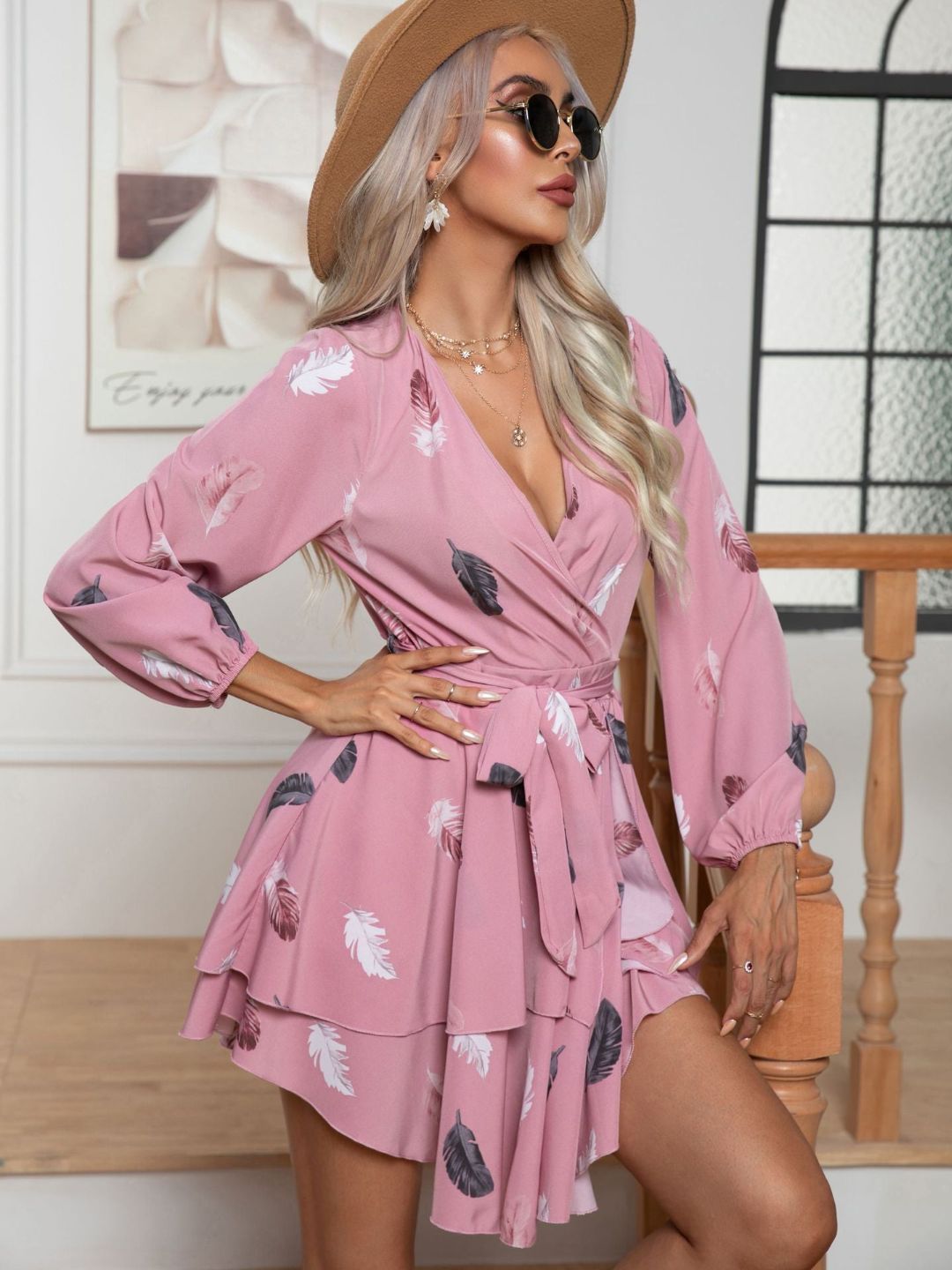 Feather Print Multi-Layer Hem V-Neck Dress