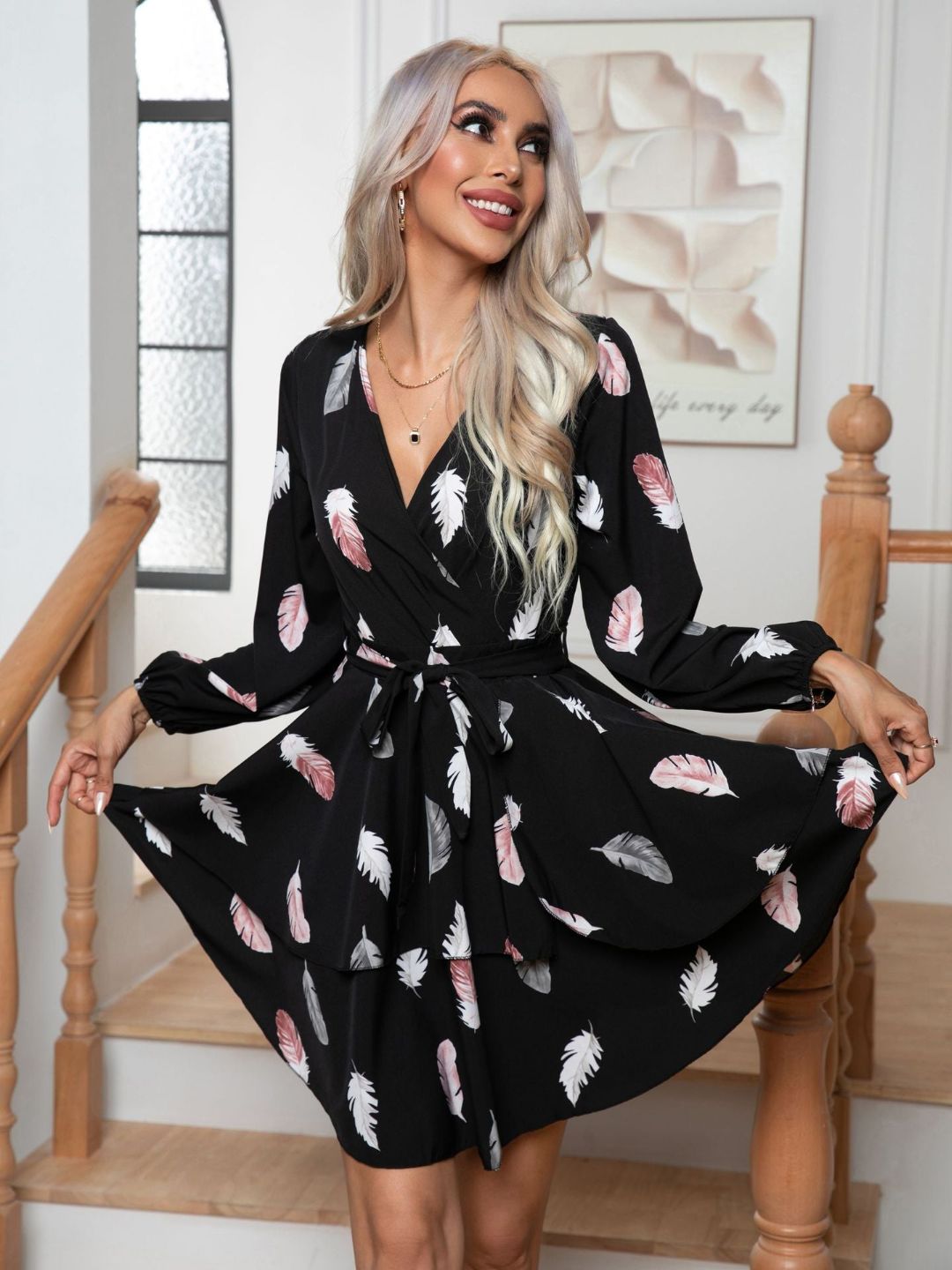 Feather Print Multi-Layer Hem V-Neck Dress