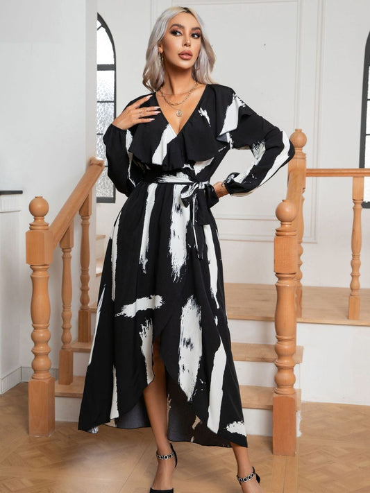 Black Art Print Lotus Leaf Collar Long Sleeves Dress