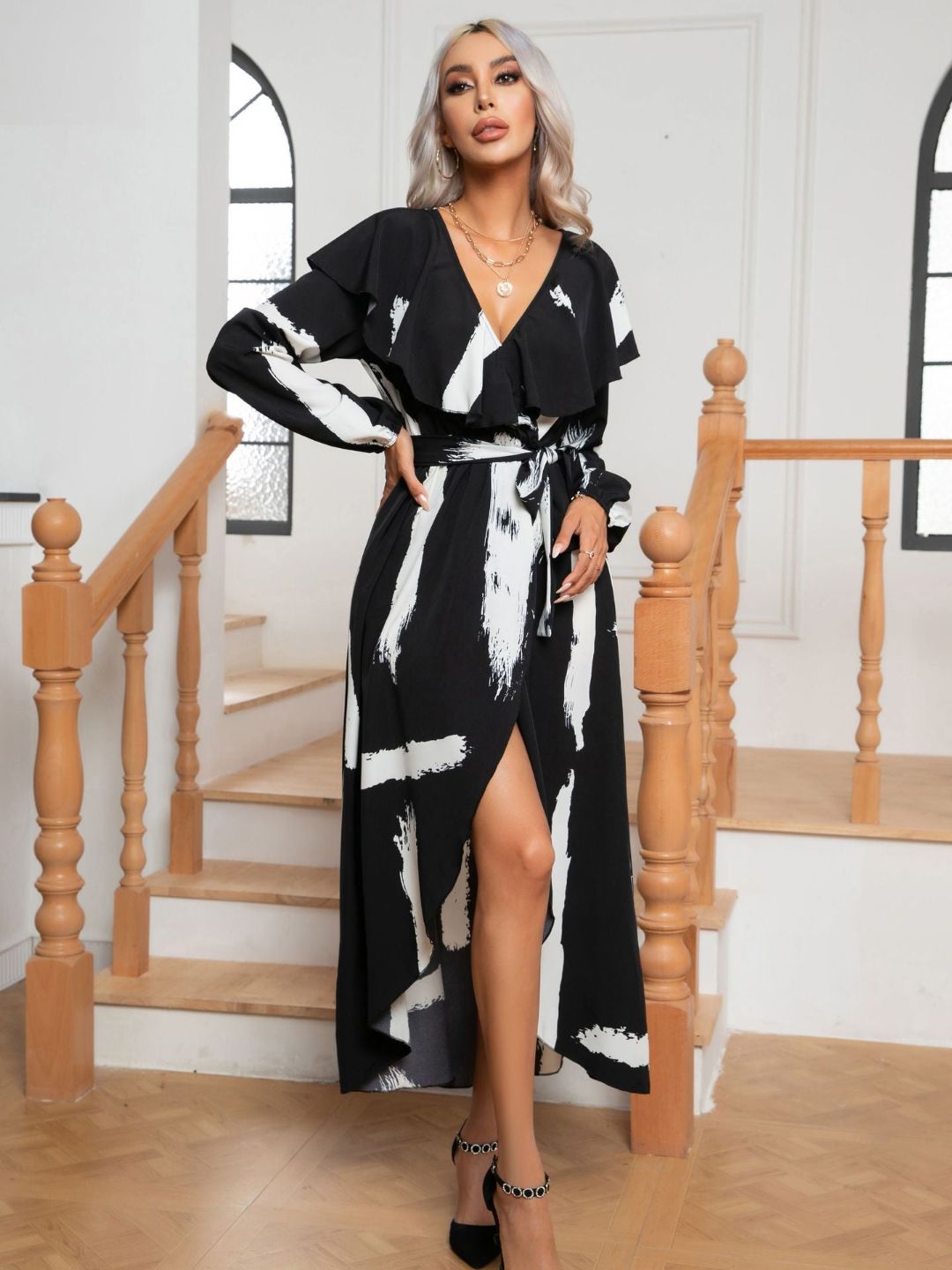 Black Art Print Lotus Leaf Collar Long Sleeves Dress