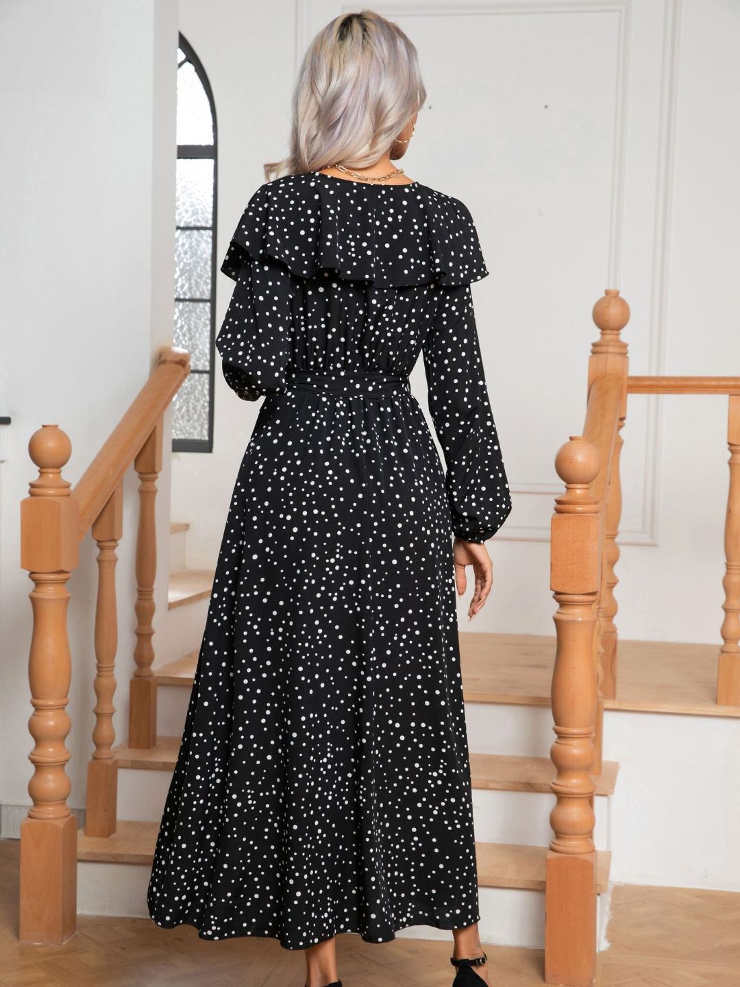 Black Polka Dot Print Lotus Leaf Collar Lantern Long Sleeves Wrap Dress